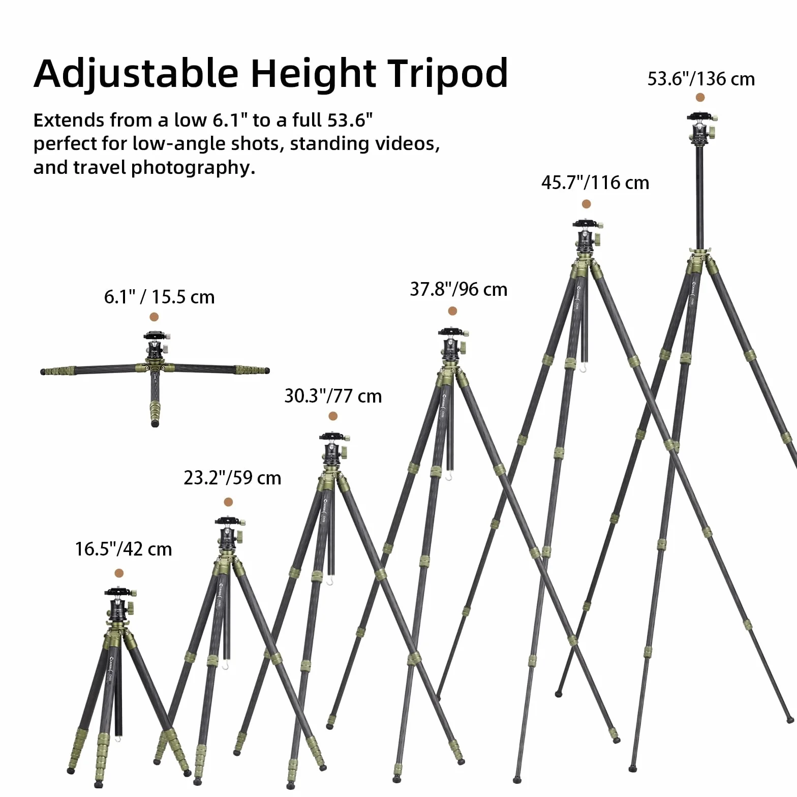 Cayer CH35 Treppiede da Viaggio con Testa Sferica, Treppiede Compatto in Fibra di Carbonio, Altezza 136 cm, Carico Max 8 kg (17.6 lbs) per Fotocamere Mirrorless, Videocamere, Smartphone e Webcam