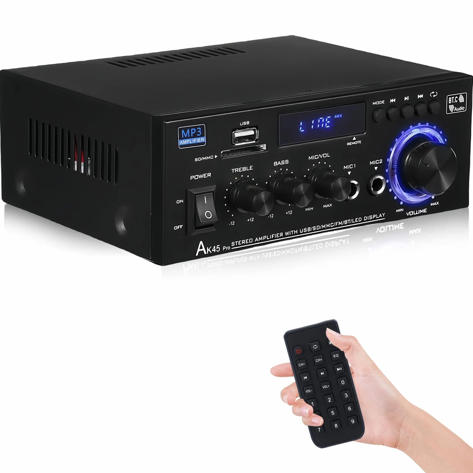 AK45 Amplificatore HiFi Mini Stereo Bluetooth 2.0 Canali 40W X 2 12V/240V Telecomando