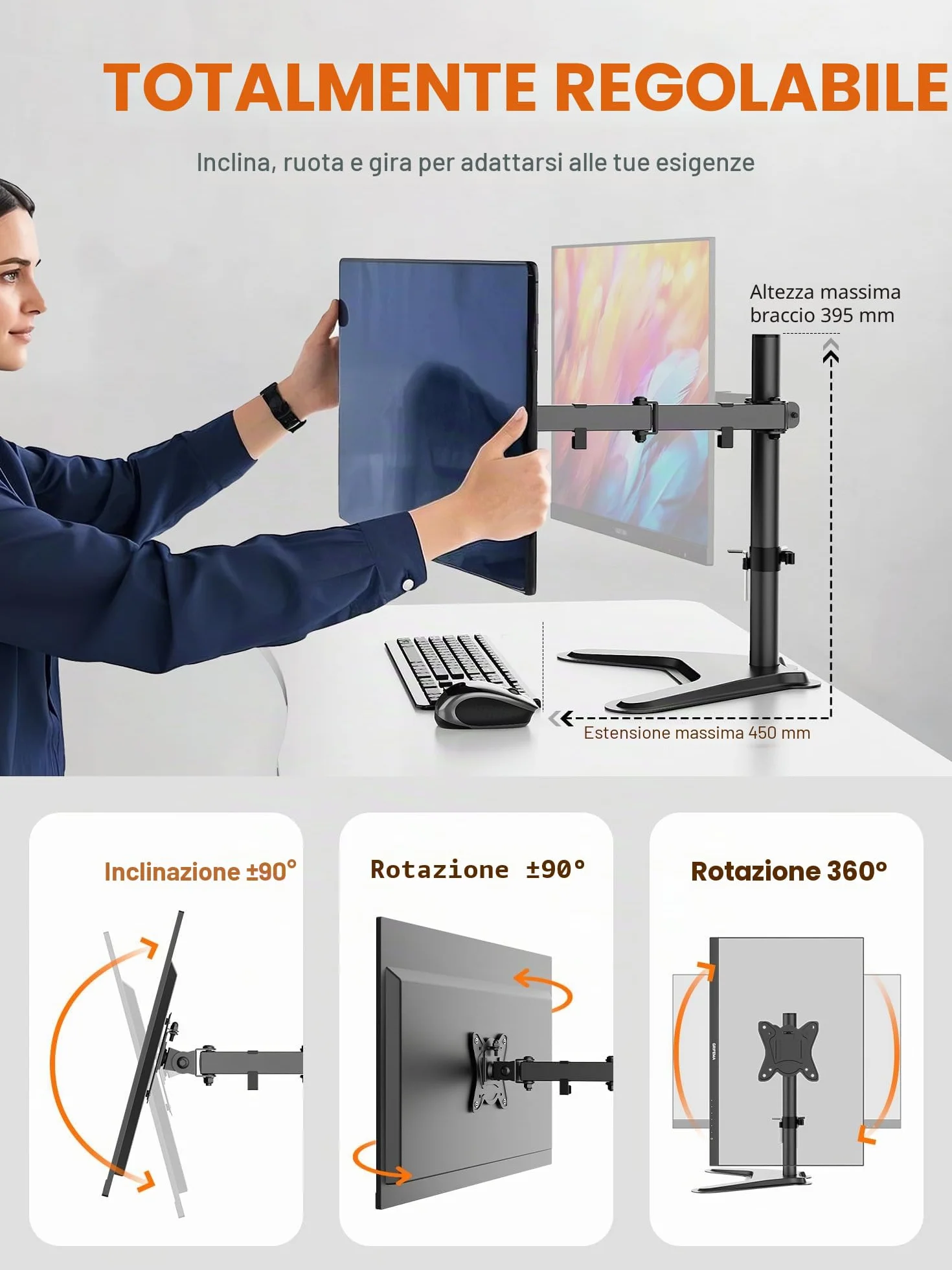 GRIFEMA Braccio Monitor Doppio per Schermi 13-32'', Supporto Doppio Monitor Altezza Regolabile, Base Allargata, Inclinazione, Girevole, Rotazione, Gestione dei Cavi, Fino a 10 kg, VESA 75/100mm