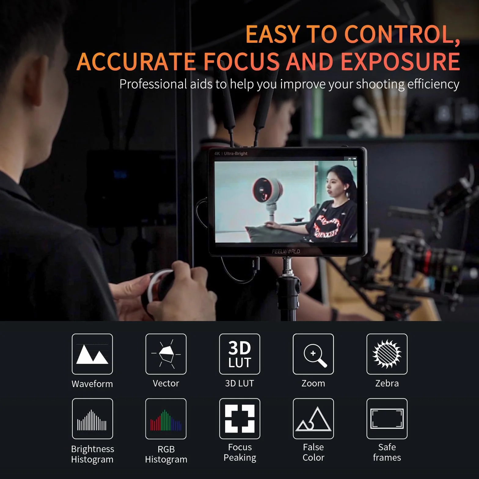 FEELWORLD LUT11H Camera Field Monitor 10,1 pollici touch 2000 nit ultra luminoso per reflex digitali con forma d'onda LUT F970 Kit di installazione e alimentazione Uscita ingresso HDMI