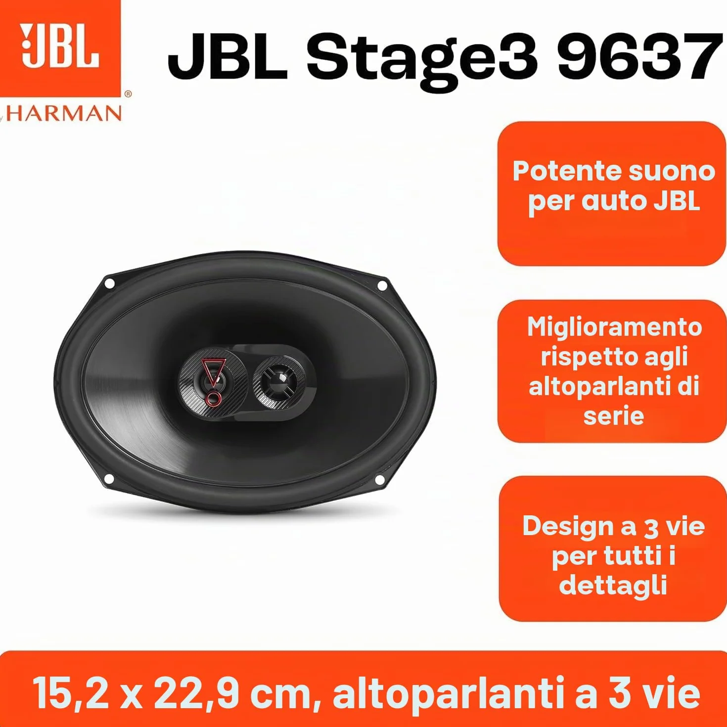 JBL Stage3 9637F - 3-Vie Casse Auto Set di Harman Kardon Senza Griglia - 375 Watt impianto stereo ovale Altoparlanti da 16.5 x 23 cm | 6x9" pollici