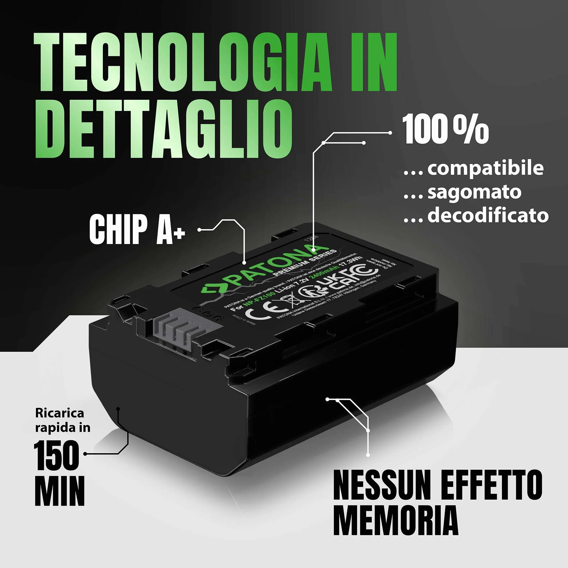 PATONA 2x Premium Batteria NP-FZ100 2400mAh – ricambio per Sony Alpha 6600 6700 7 III/IV 7C II 7CR 7R IV/V A1 FX3 FX30 ZV-E1 – la scelta conveniente per la piattaforma FZ100