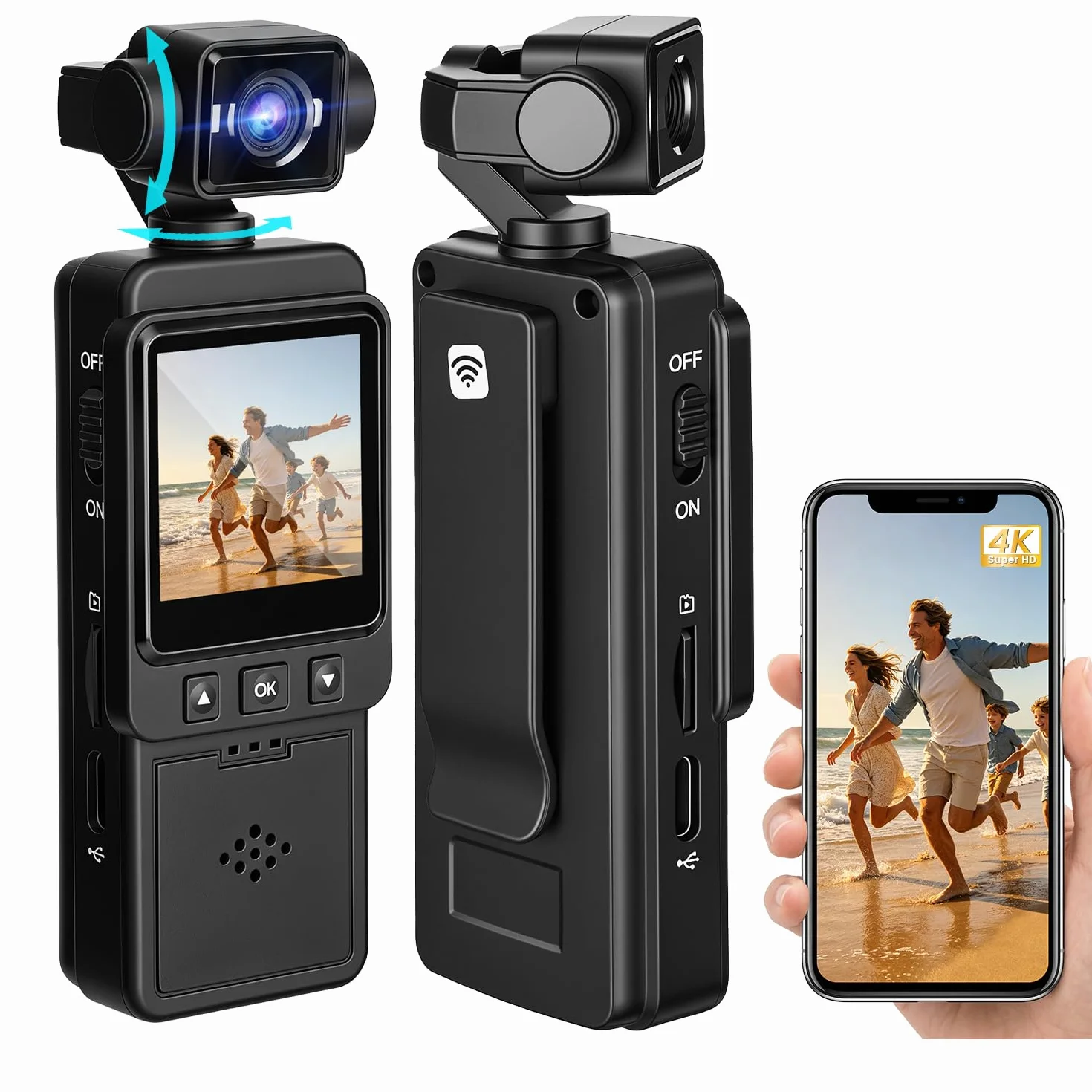 Mini Bodycam 4K, WiFi Fotocamera per Vlog, Videocamera Sportiva, Action Cam Portatile POV Telecamera Lente con Rotazione di 270°, per Fotografia, Youtube, Viaggi