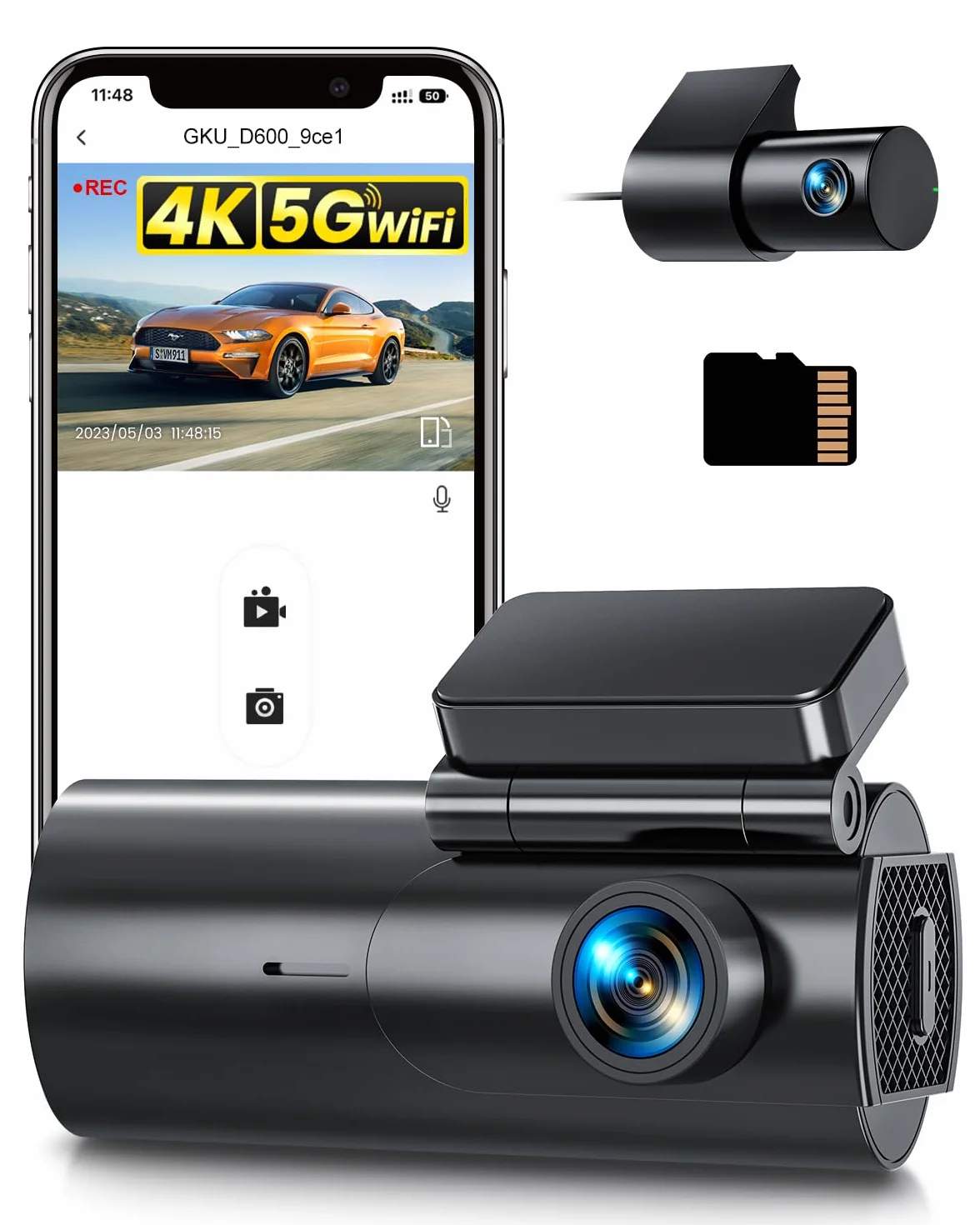 Dash Cam Auto 4K+1080P 5GHz WiFi Telecamera con Scheda SD 64G 170° Grandangolo Visione Notturna WDR G-Sensor 24H Monitor Parcheggio