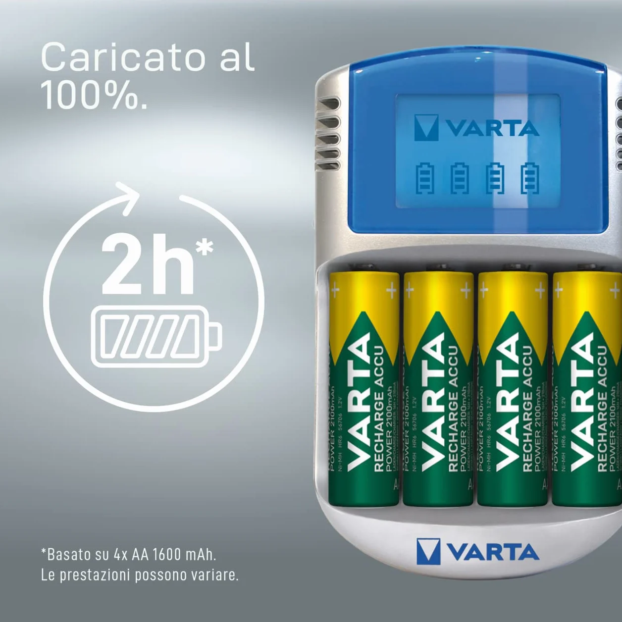 Varta Caricabatterie LCD per AA/AAA con 4 Batterie AA 2600 mAh, Adattatore 12V e Cavo USB Inclusi