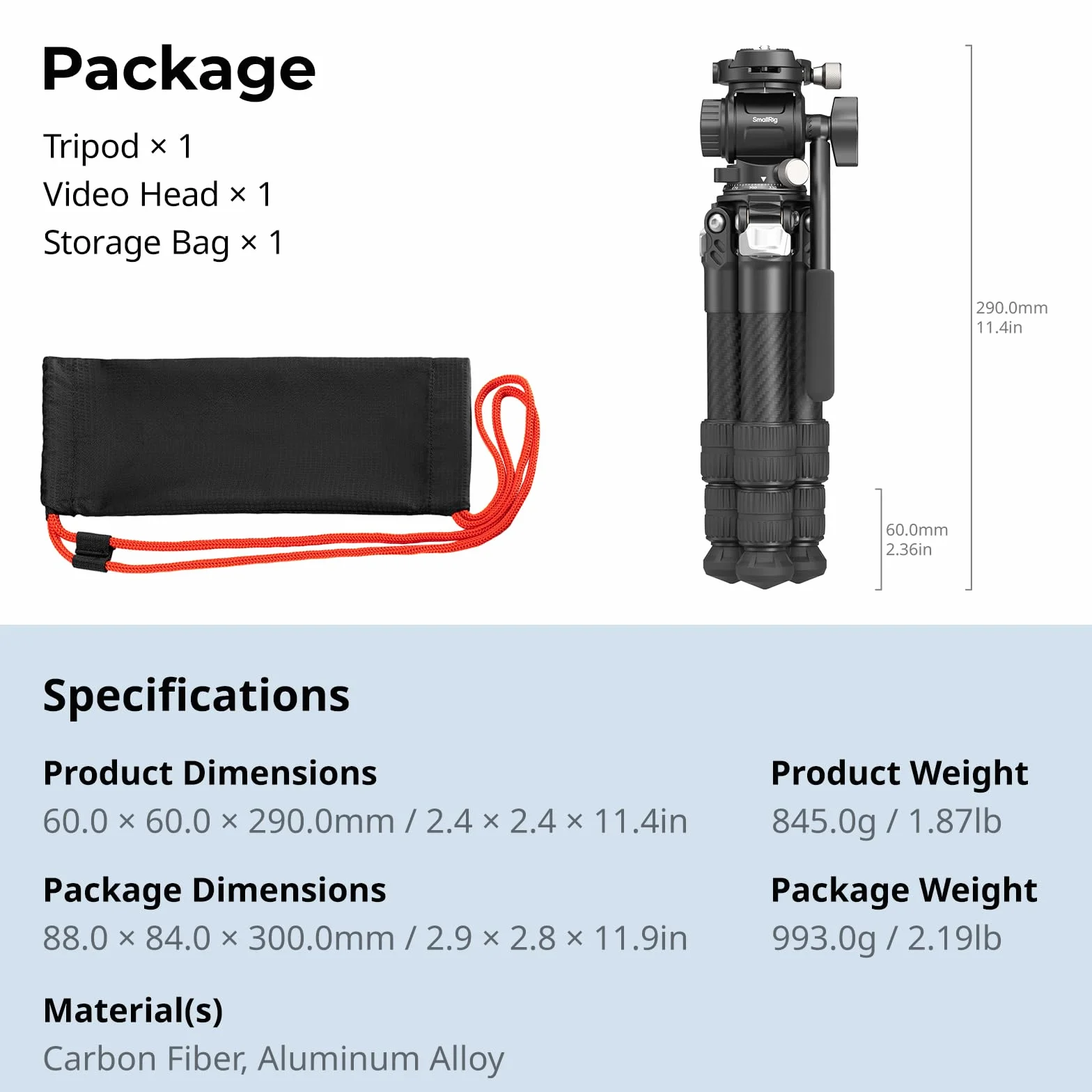 SMALLRIG Kit Treppiede da Tavolo Portatile in Fibra di Carbonio, Tavolo Compatto da 17'' con Testa Video ad alta Capacità di Carico, Carico Massimo 3 kg/6,6 libbre per Fotocamere, DSLR