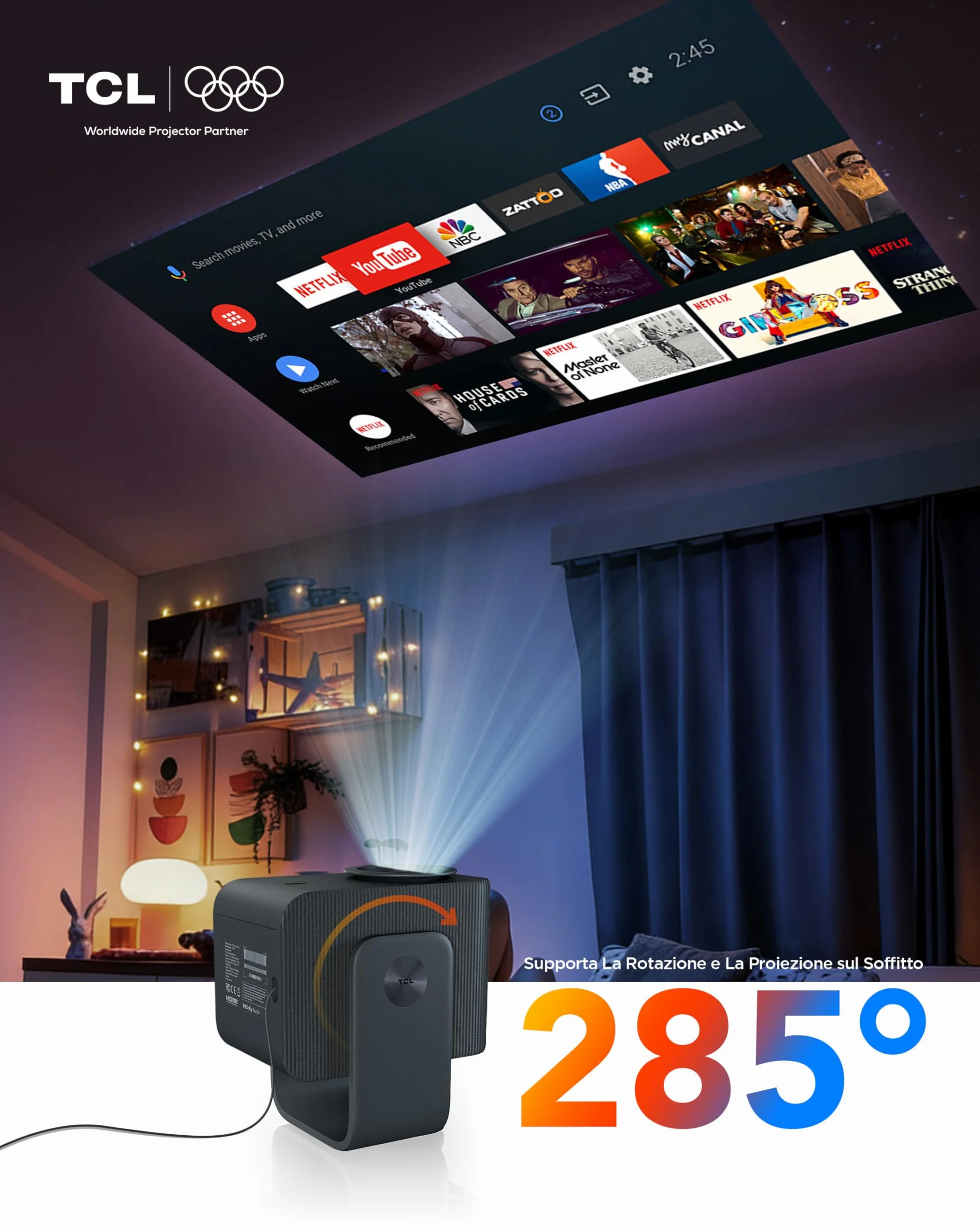 TCL C1 Mini Proiettore Portatile 4K Nativa 1080P Google TV Netflix Compatibile, Messa a Fuoco Automatica 6D Correzione Trapezoidale, Wi-Fi Bluetooth, 8W Dolby Audio, Rotabile 285°