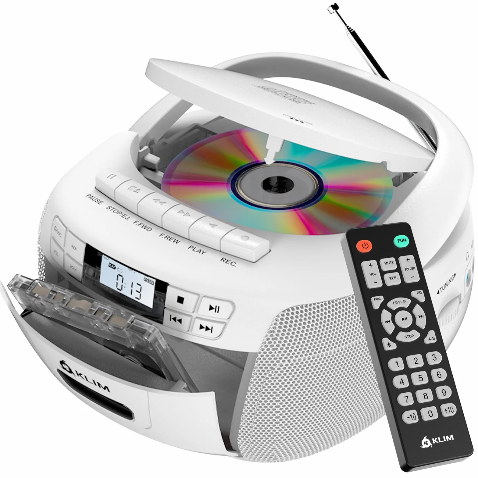 KLIM Lettore CD - Lettore Cassette Audio, AM/FM Radio Bluetooth, Stereo CD Player, Remota, Registrazione Su Nastro, USB Drive, AUX, Radio Stereo Casa Alimentazione AC/DC - Bianco