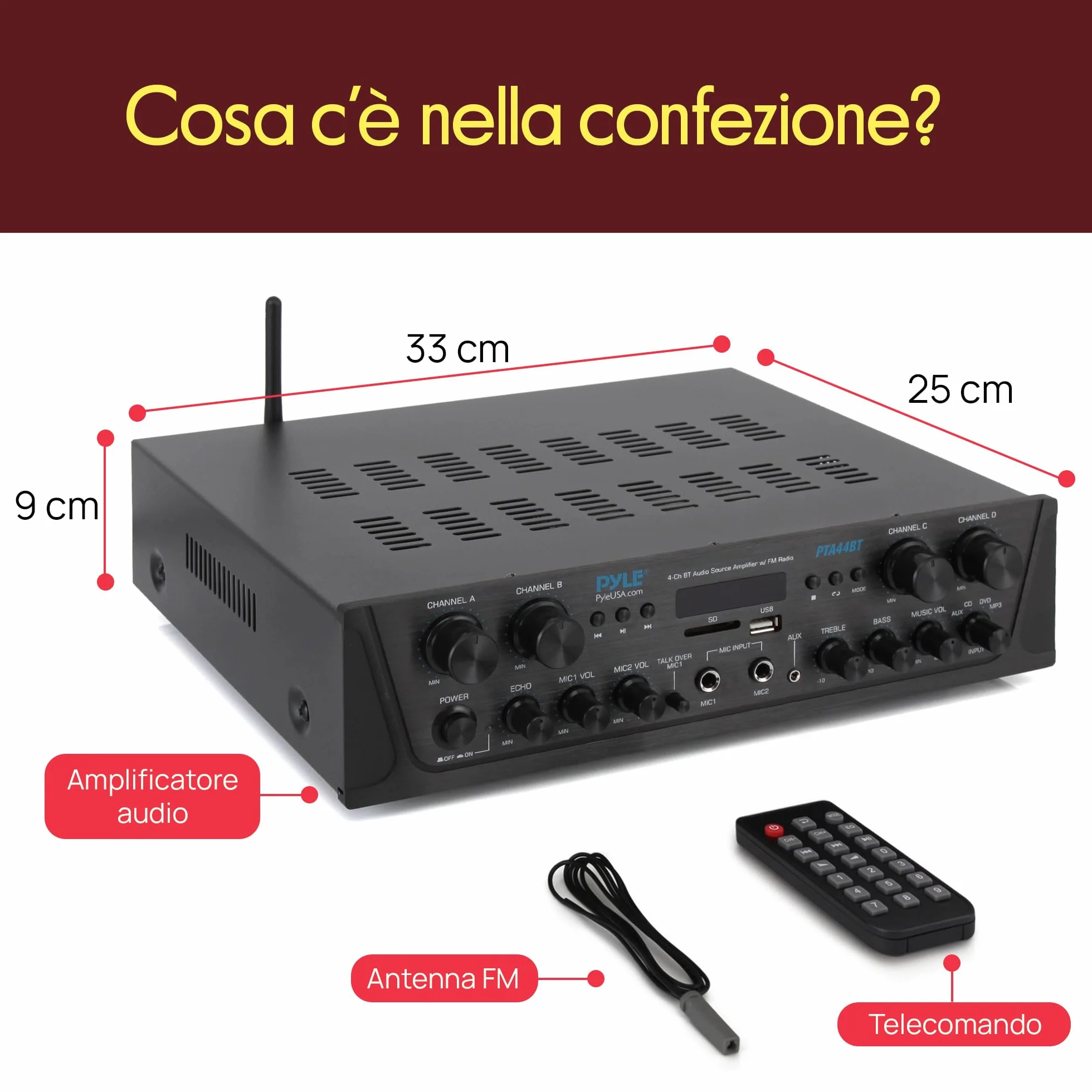 Pyle Amplificatore Karaoke Bluetooth Wireless 500 Watt, Audio Stereo 4 Canali con AUX, Radio FM, USB, Microfono In