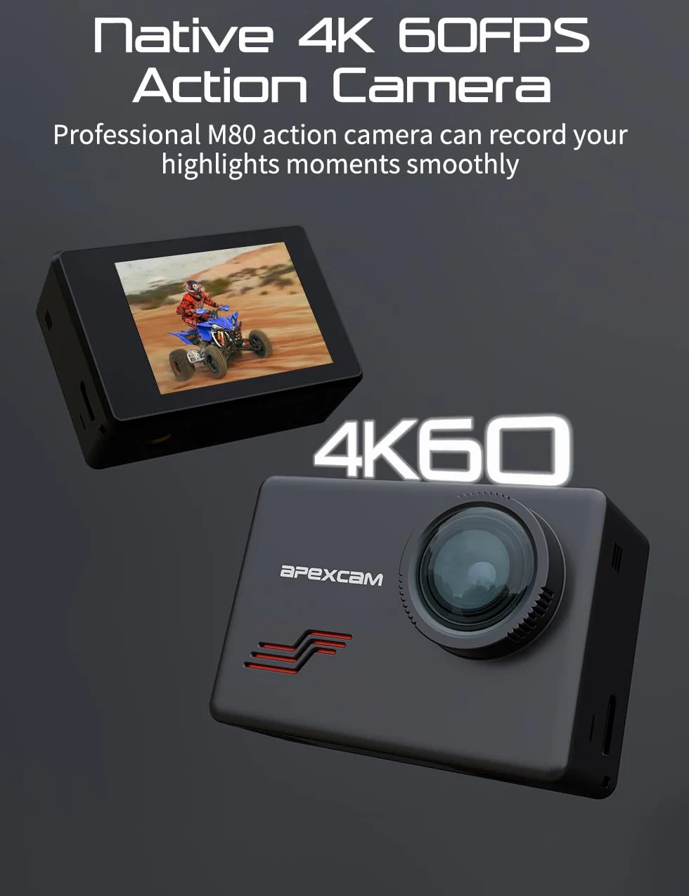 Apexcam M80 4K 60FPS 48MP WIFI EIS Action Cam Con 64GB Scheda 40M Fotocamera Subacquea Impermeabile Ultra HD Sport Camera 8X Zoom Pre-registrazione Wide Angle Con 2x1350 Batterie Kit Accessori