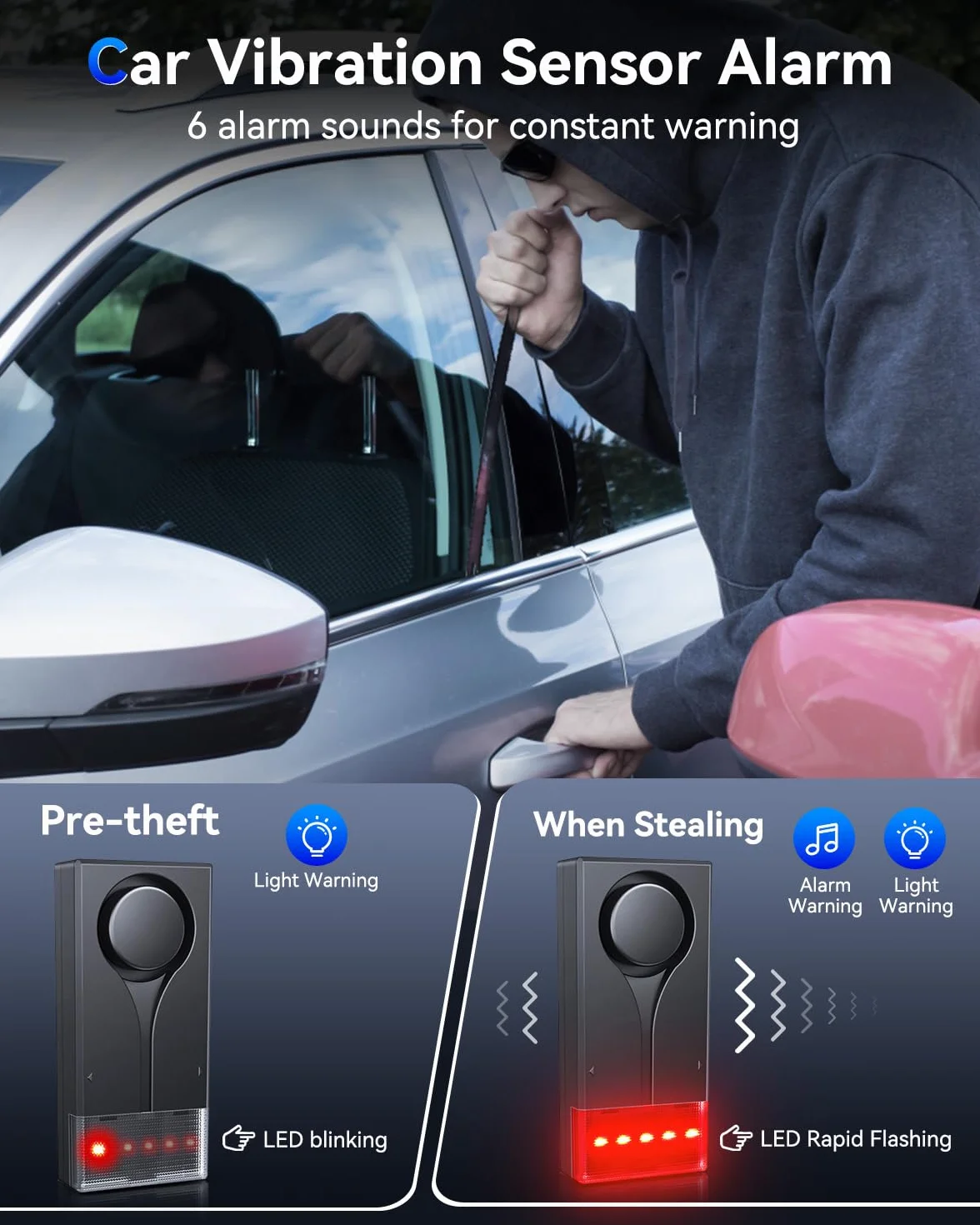 Allarme auto 108 dB antifurto con sensore vibrazione luce rossa telecomando senza fili fissaggio magnetico