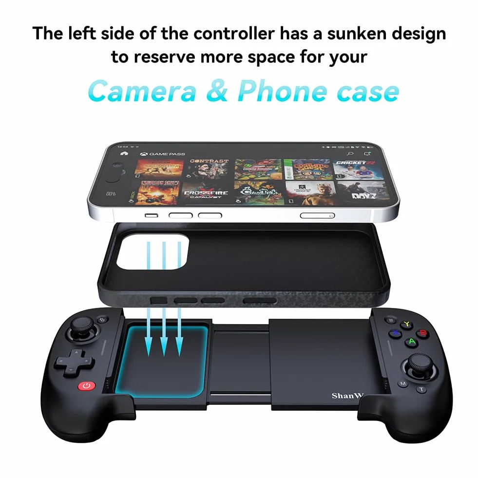 ShanWan Controller Smartphone Android/iOS, Controller di Gioco Mobile con Leva di manovra regolabile per Xbox Cloud Steam Link GeForce Now MFi Arcade Games [android,ios]