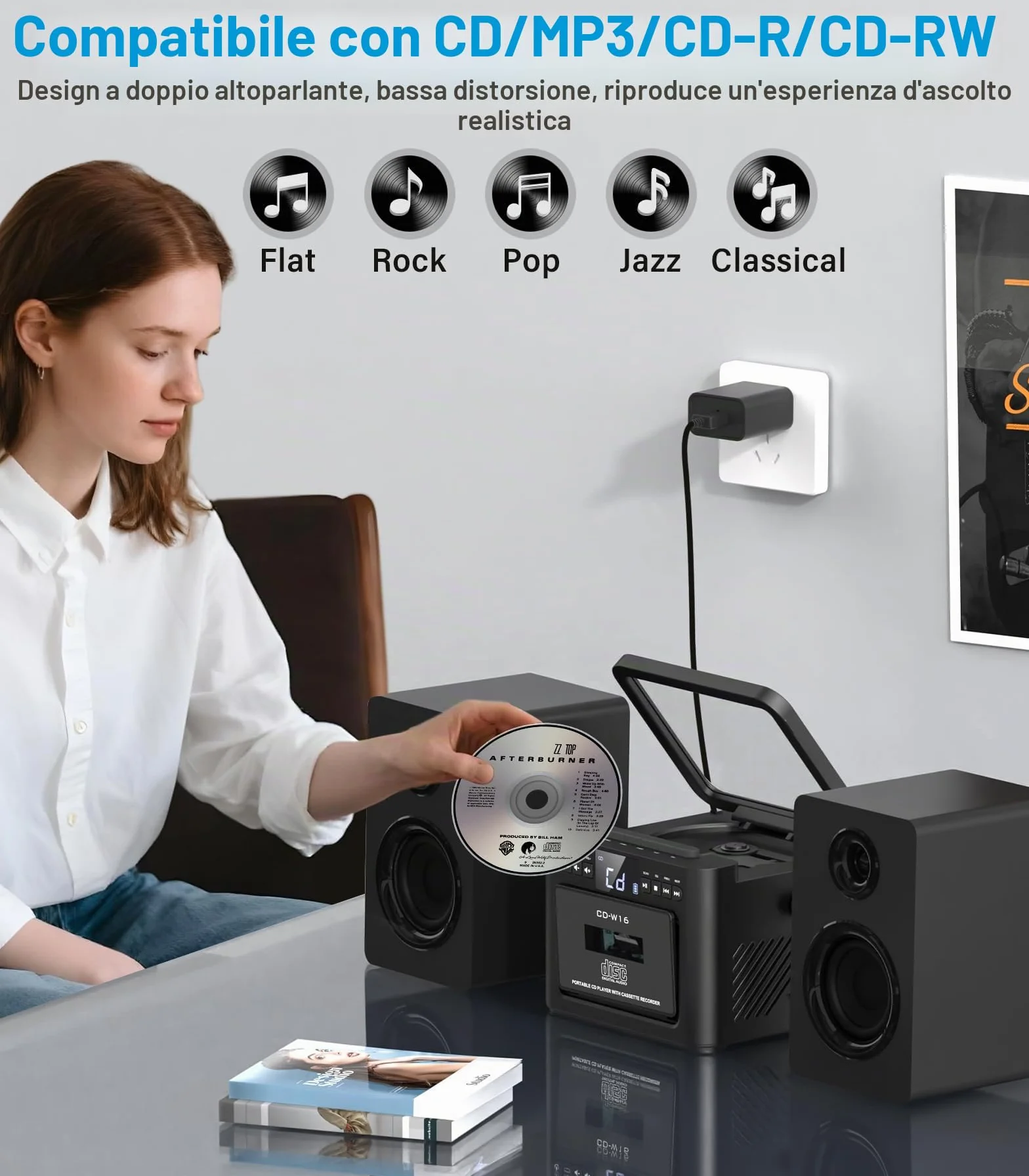 Greadio Impianto stereo per la casa con Boombox CD e lettore di cassette Combo, sistema stereo domestico da 40 W con Bluetooth, radio FM/USB/TF/AUX/telecomando, altoparlanti da scaffale in legno