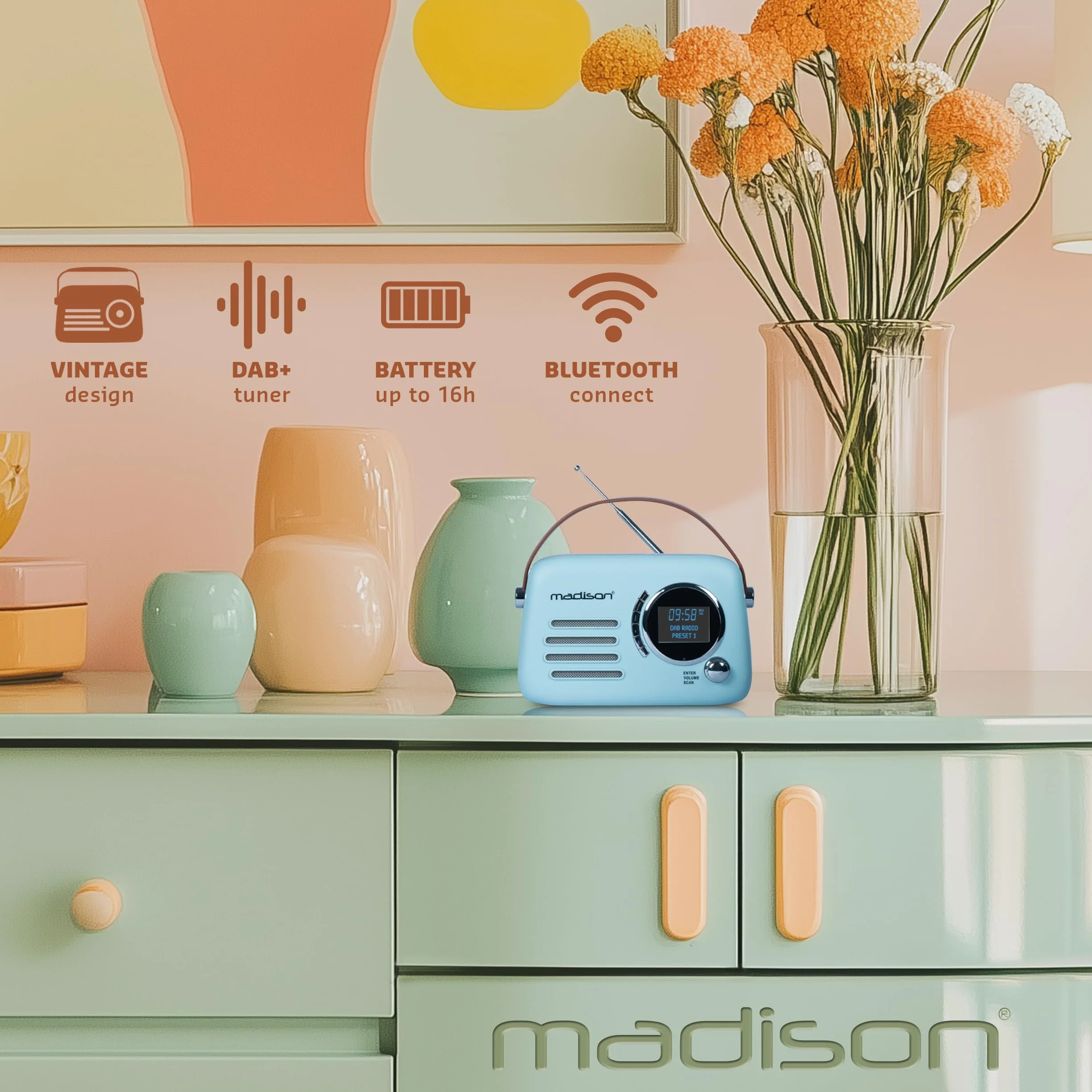 Madison FREESOUND-VR30BL-DAB Radio DAB+ vintage a batteria lunga DAB+ FM Bluetooth USB Subwoofer posteriore Blu opaco