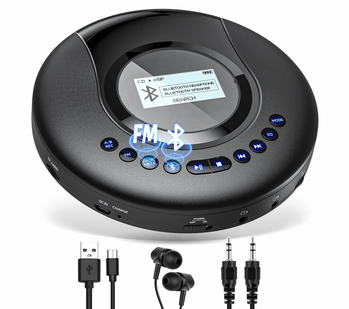 Arafuna Lettore CD portatile Bluetooth, Discman ricaricabile 2000 mAh schermo LCD, protezione antiurto FM