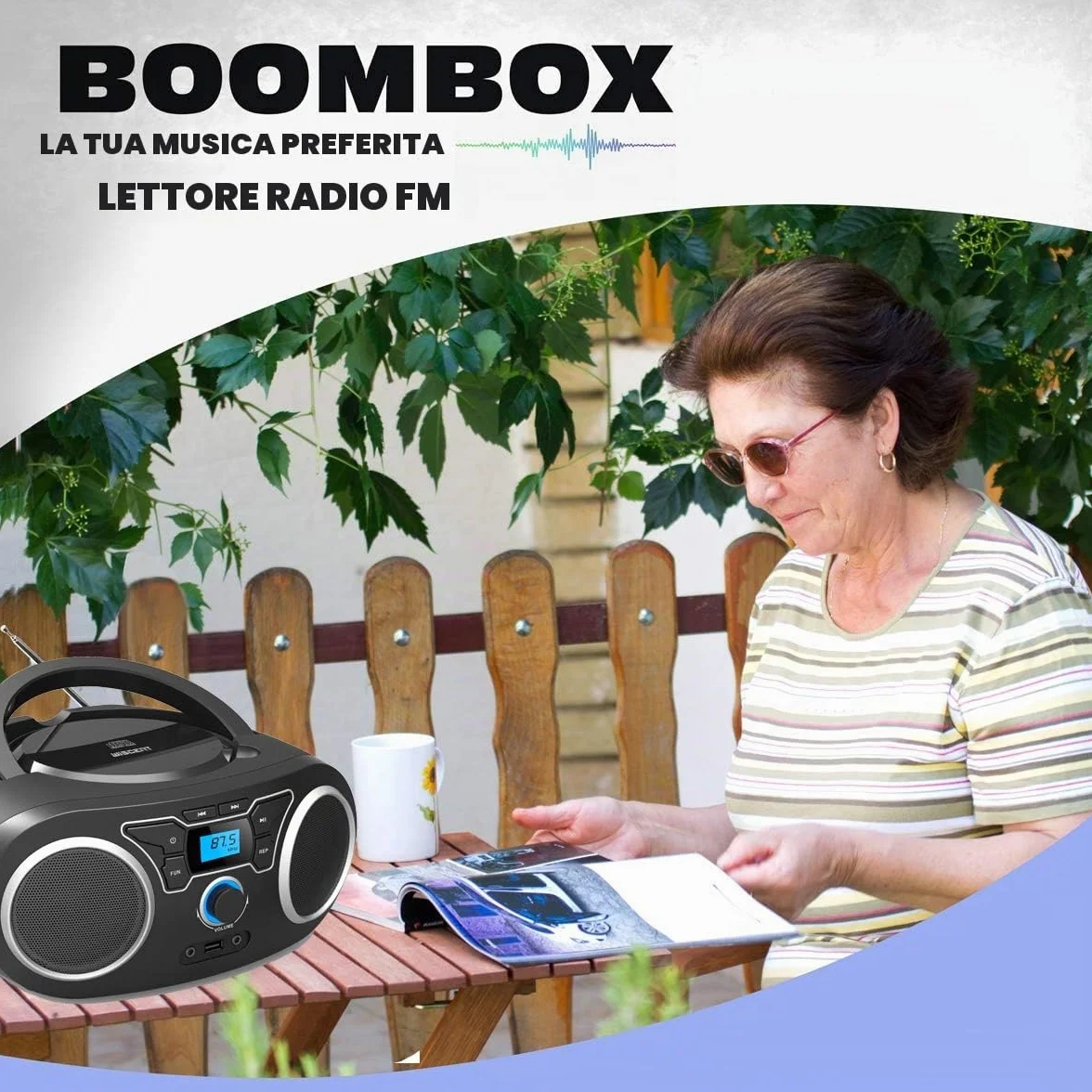 WISCENT Lettore CD Boombox Portatile - Stereo con Radio FM, Ingresso Bluetooth, USB, AUX, Uscita Auricolari, Audio Domestico Compatto, AC o Alimentato a Batteria