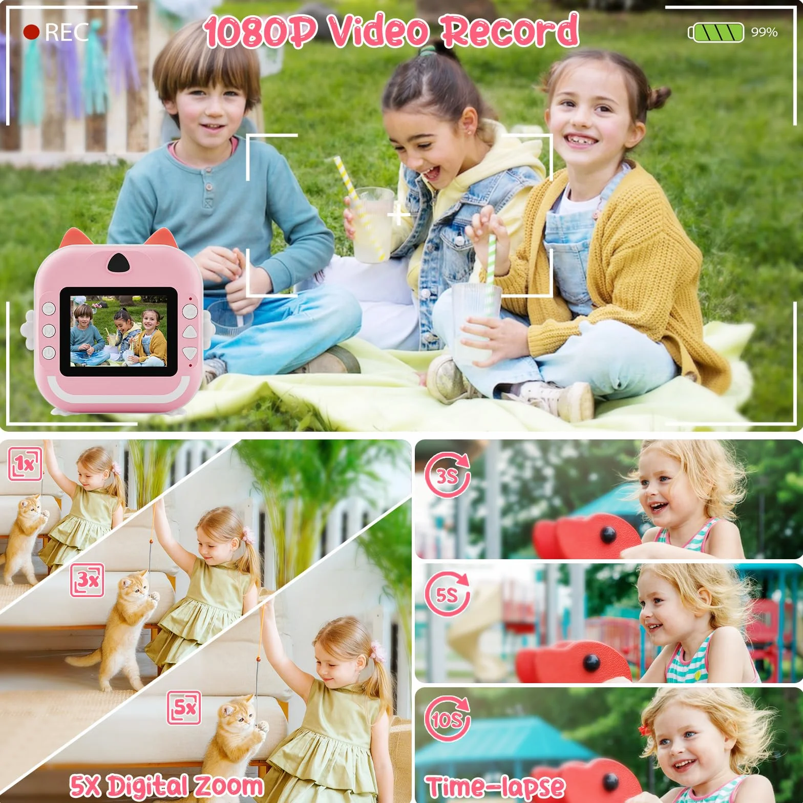 Macchina Fotografica Bambini Istantanea, Potuem 2.4 Pollici Digitale Fotocamera Bambini con 32GB Scheda TF, 6 Penne Colorate, 24MP/1080P Fotocamera Istantanea per Bambini, Regalo di Compleanno