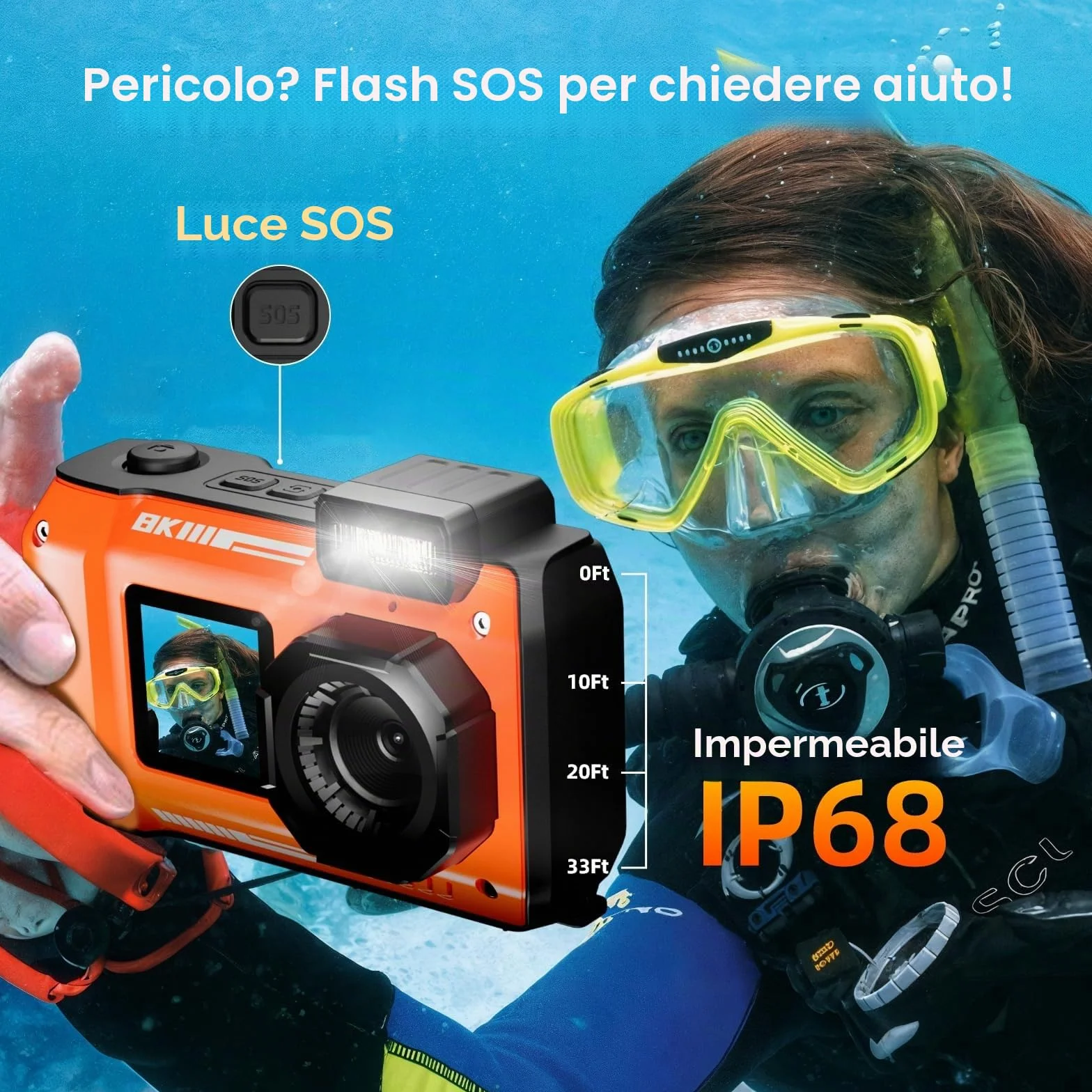 8K 70MP Macchina Fotografica Digitale - MaxMango 33 FT Macchina Fotografica Subacquea, 18X Doppio Schermo Selfie Robusta Antipolvere Antiurto Autofocus, 64GB Fotocamera Digitale