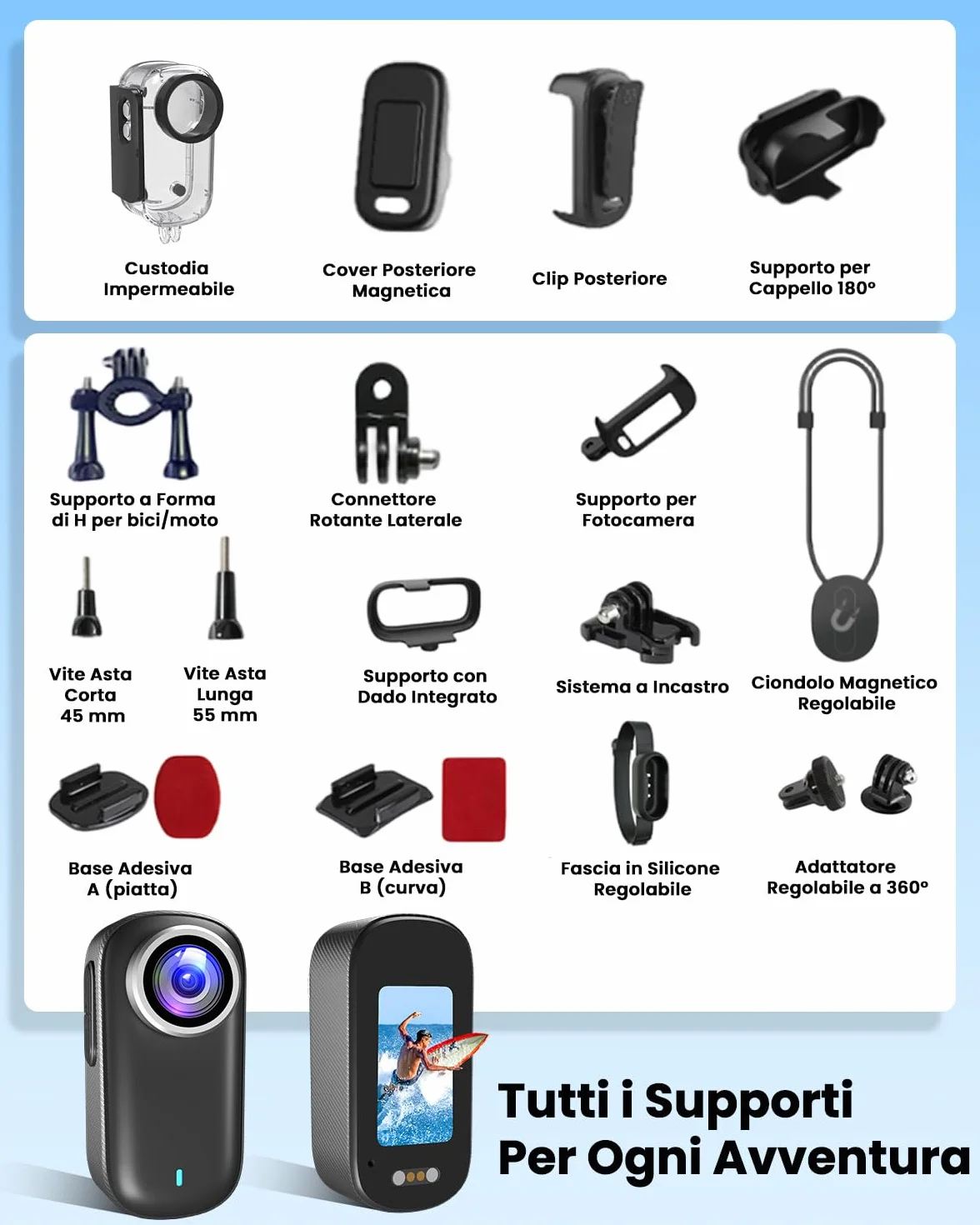 Action Cam, Body Cam 4K 64 GB, Mini Action Cam, Telecamera Moto con Batteria da 1200 mAh(240min), Mini Camera Impermeabile IP65, Compatta Telecamera per Moto Vlogging