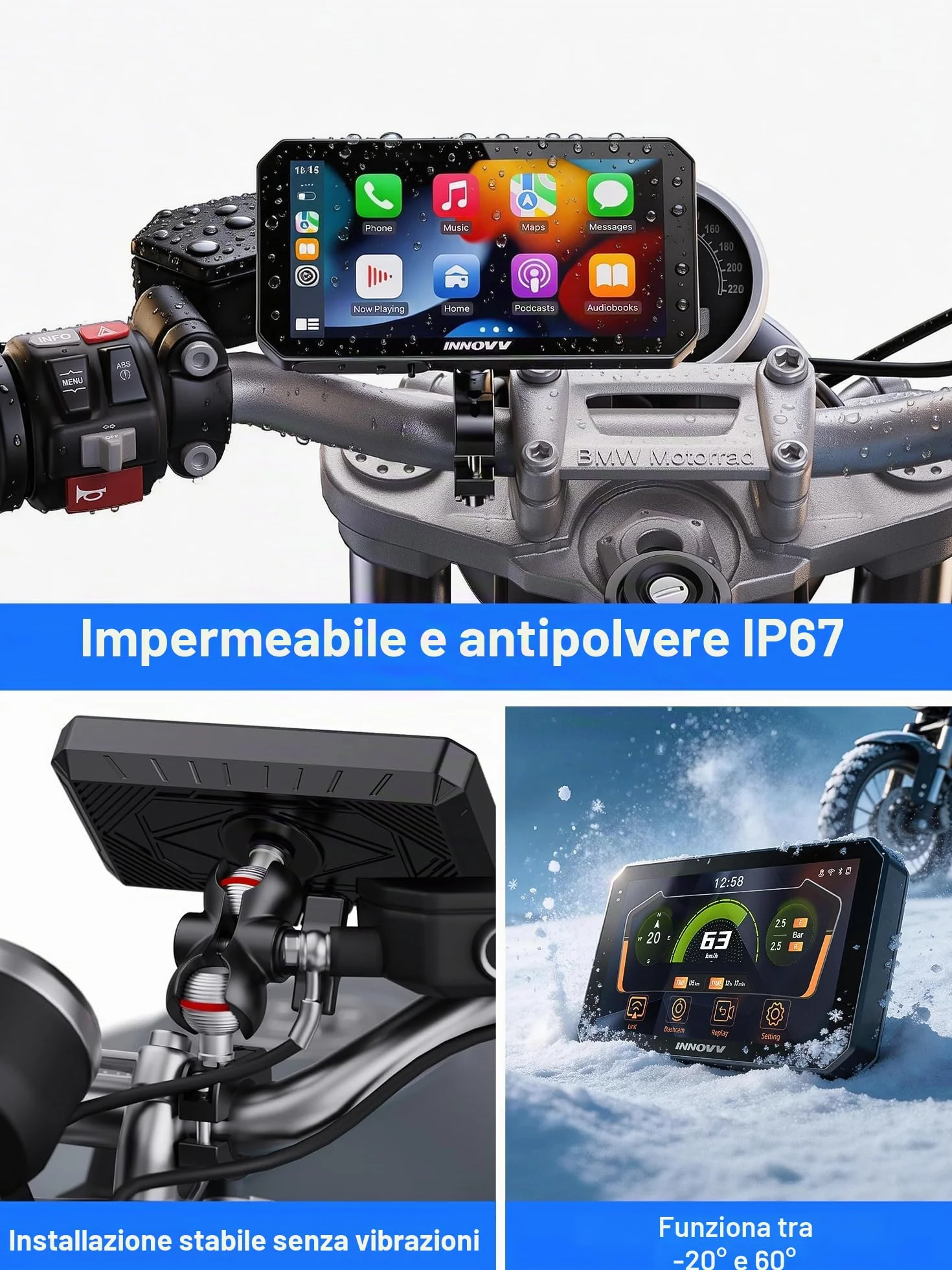 INNOVV N2 6 pollici Apple Carplay Schermo per Moto, Touch Screen Wireless Apple CarPlay & Android Sistema di Navigazione GPS Auto, 5G Wi-Fi, IP67 Impermeabile, Bluetooth, Modalità Parcheggio, Siri