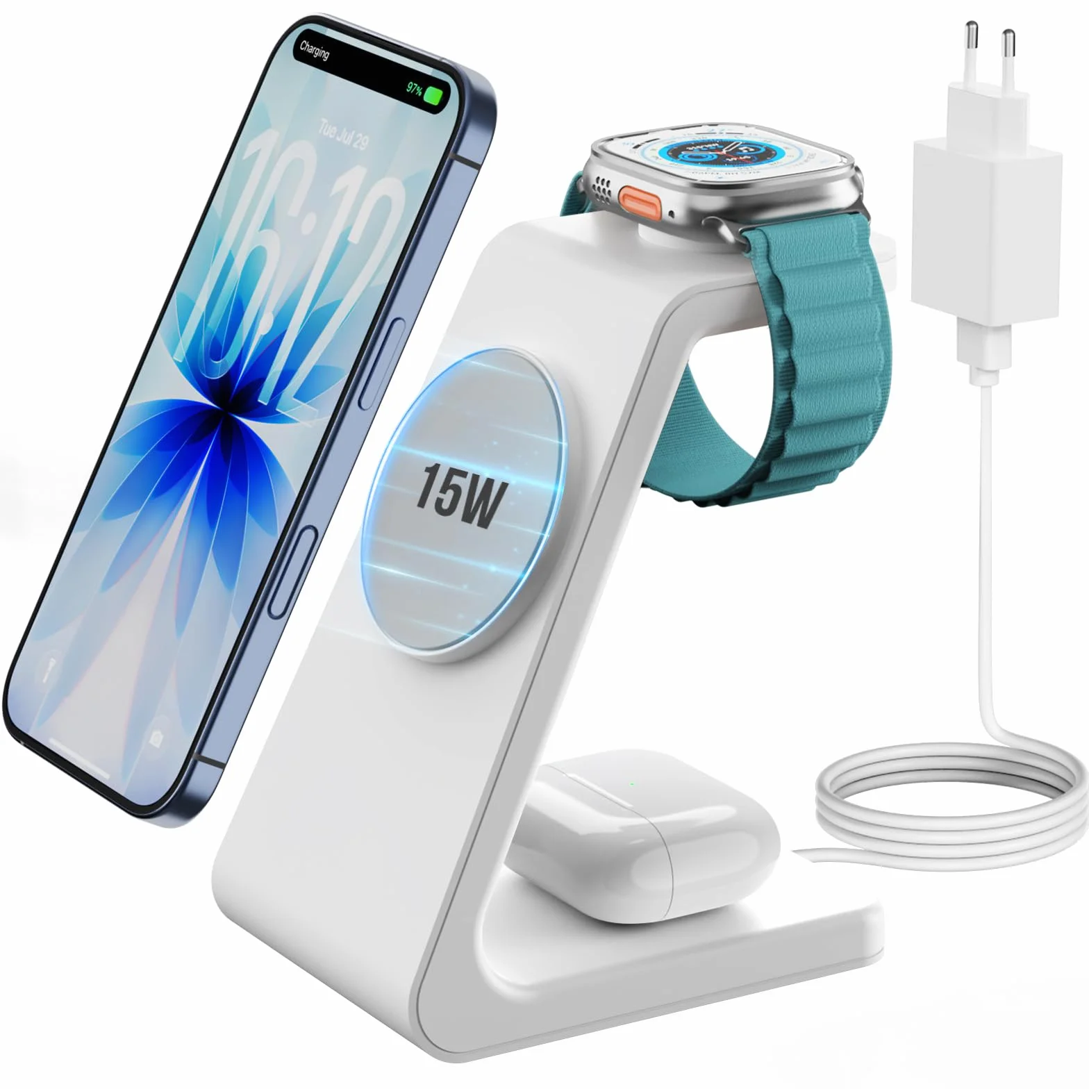 GEEKERA Certificato Stazione Ricarica per Apple, Caricatore Wireless Rapido 15W compatibile con Mag-Safe per iPhone Air/17-12, Stand Ricarica per Apple Watch, Base Carica per AirPods, Bianco e Grigio