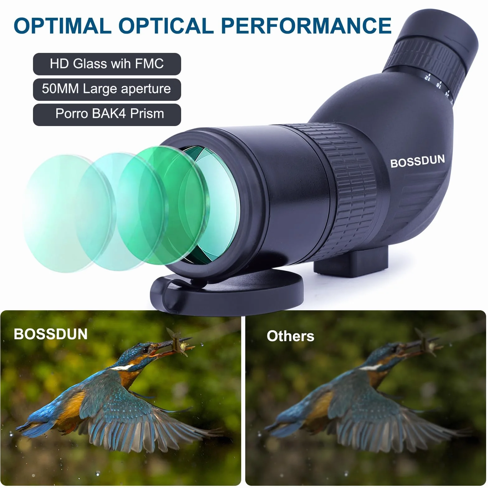 Cannocchiale, cannocchiale da caccia per il tiro al bersaglio, telescopio impermeabile con treppiede con prisma BAK4, adattatore per telefono, borsa per il trasporto (50B)