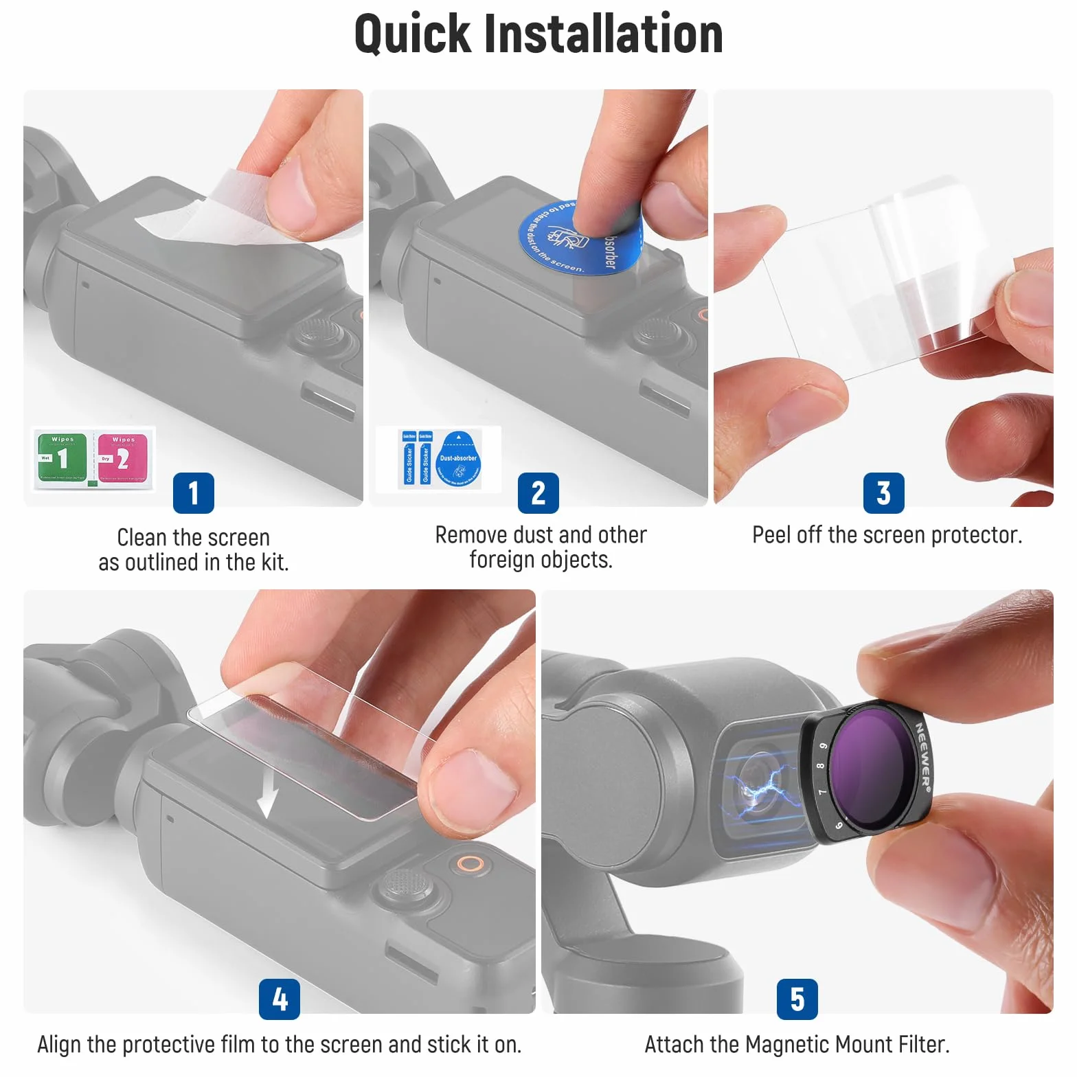 NEEWER Kit Filtro ND2-ND32 e ND64-ND512 Variabile Compatibile con DJI Osmo Pocket 3 / Pocket 4 / Xtra Muse, con Stop Limitati, Filtri a Densità Neutra, con 2 Protezioni in Vetro Temperato