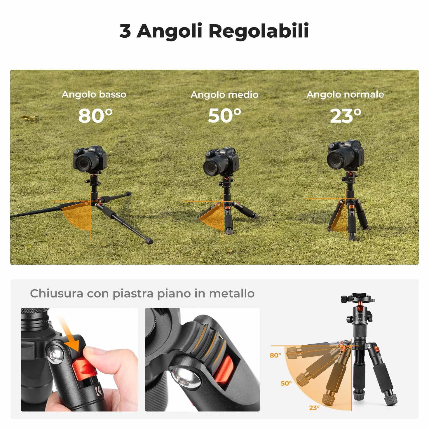 K&F CONCEPT Mini treppiede da tavolo portatile, Treppiede compatto per fotocamera e smartphone in alluminio da 52 cm con testa a sfera a 360°, Piastra rapida da 1/4" per DSLR ecc, capacità di 6 kg