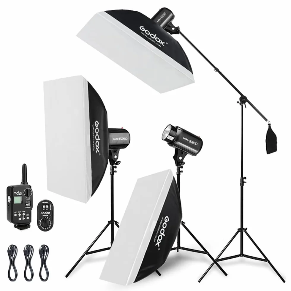 Godox Kit professionale di luci flash stroboscopiche da studio per la fotografia, 3 Pack 250W strobo con trigger strobo, Softbox, stativi per luci, braccio a braccio