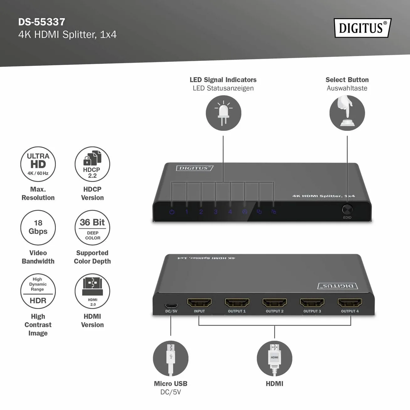Digitus DS-55337 Splitter HDMI 1x4 4K UHD 60Hz HDCP 2.2 HDR