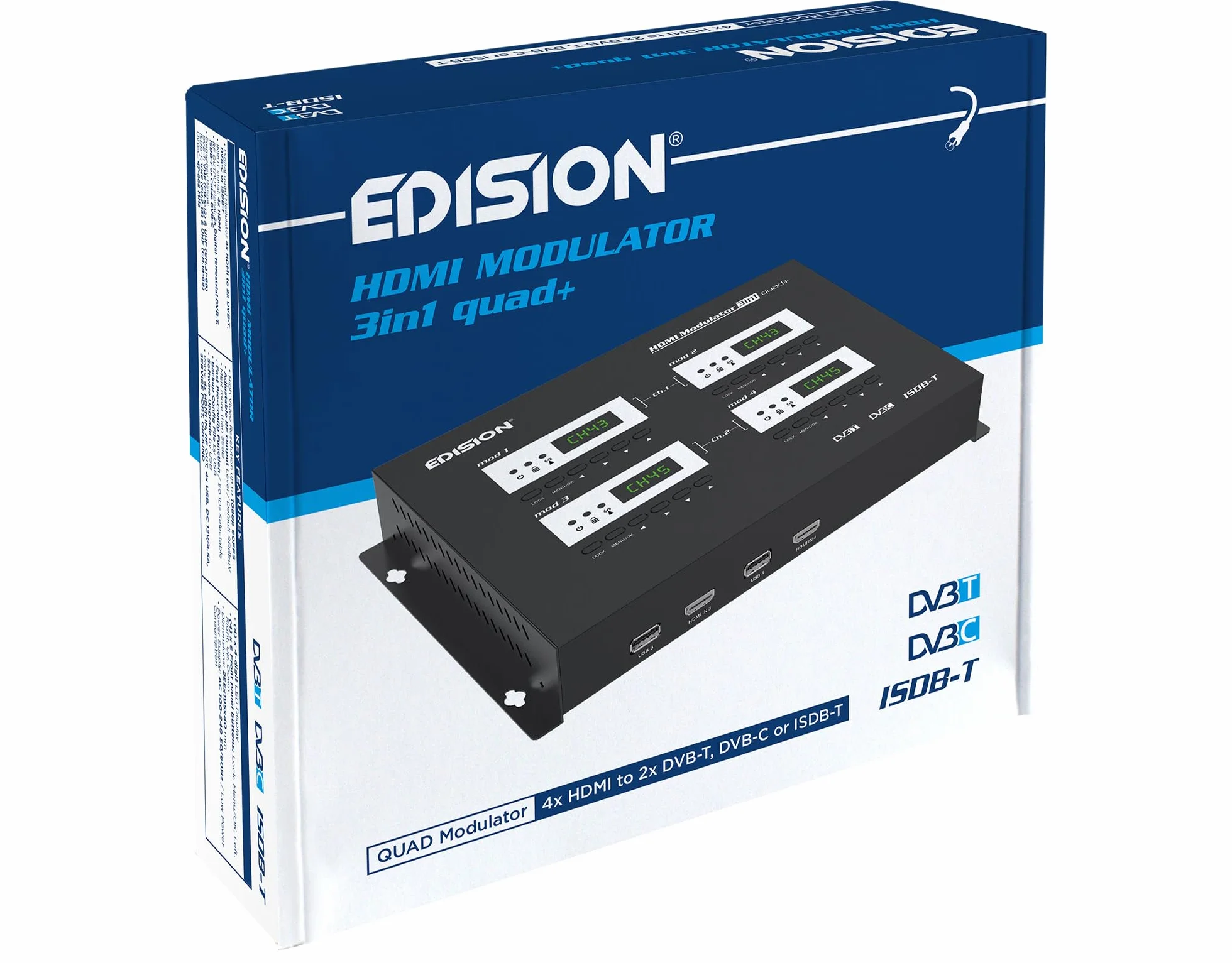 EDISION HDMI MODULATOR 3in1 quad+, Modulatore RF 4x HDMI su terrestre DVB-T, ISDB-T o cavo DVB-C, 3 SEGNALI di modulazione SELEZIONABILI, distribuzione Full HD Cavo Coassiale, Plug and Play