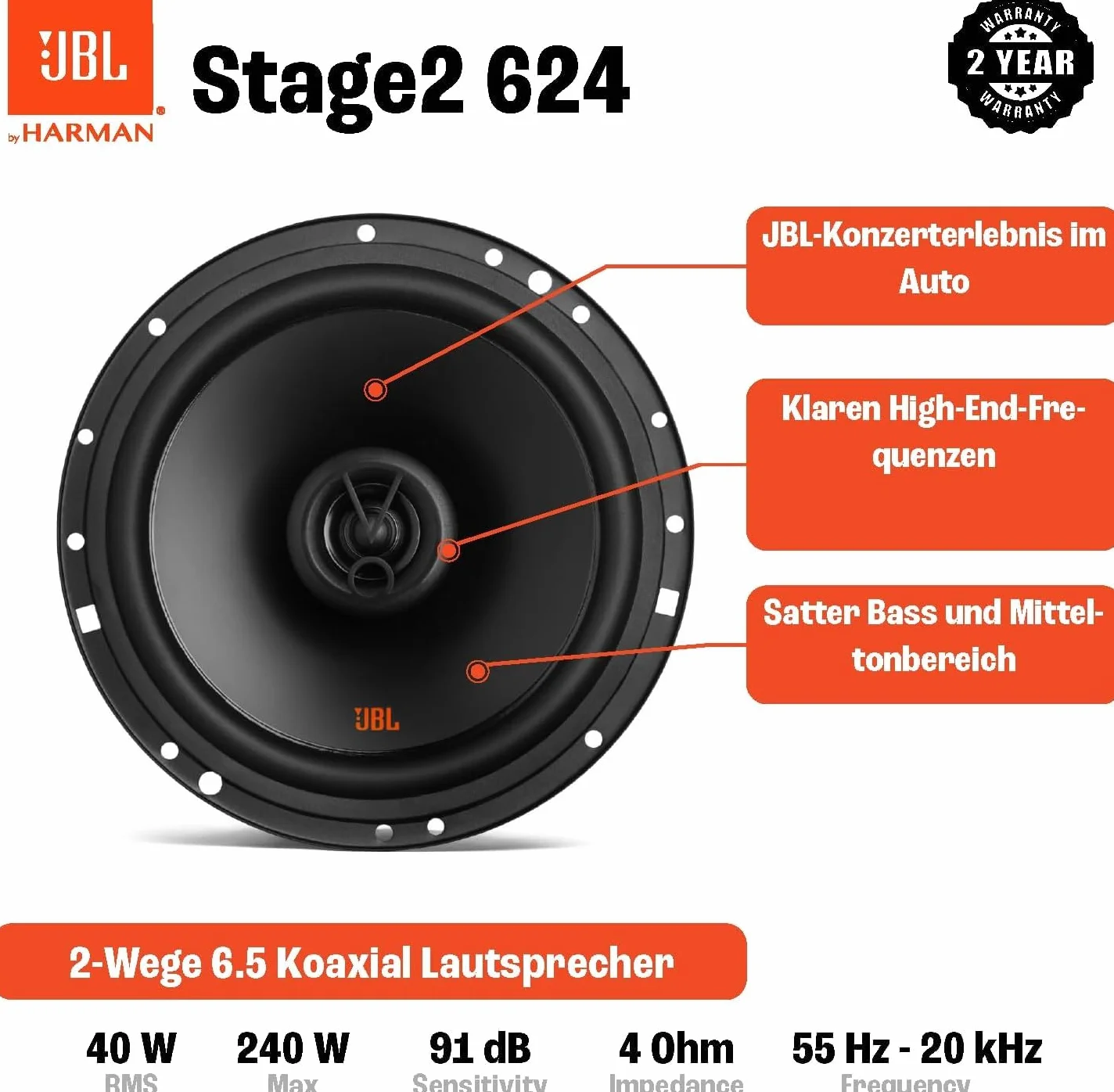 JBL Stage2 624 2-Vie impianto stereo Altoparlanti Auto Sistema di Harman Kardon - 240 Watt JBL Casse Auto, Nero, 16 cm