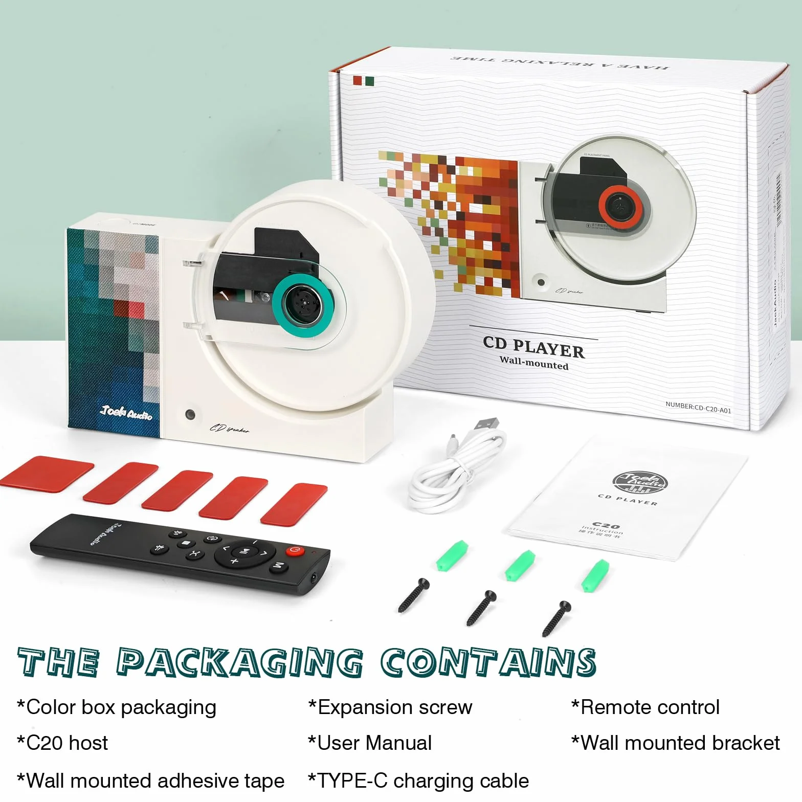 Lettore CD Retrò Montabile a Parete con Bluetooth, USB, Ingresso AUX, Altoparlante Audio per la Casa, 4000mAh, con Telecomando per Decorazione Domestica (VERDE)