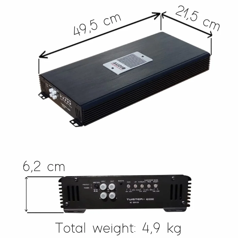 XPL Amplificatore AD3000 1 Canale 3000 Watt RMS Stabile a 1 Ohm Specifico per Subwoofer Classe D con Controllo Remoto Incluso e Filtro Subsonico
