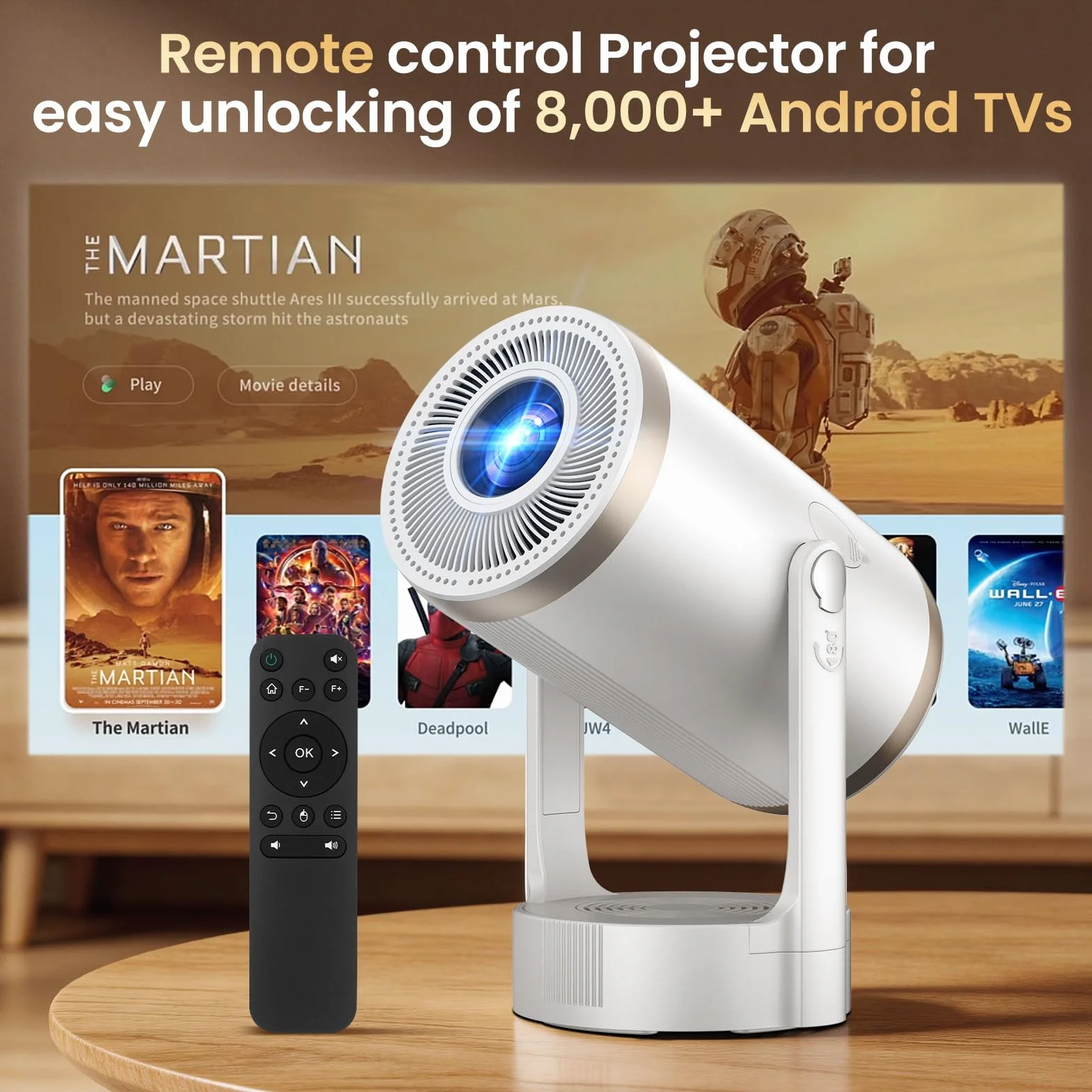 Proiettore Portatile Supporto 4K 1080P, Mini Proiettore Android 12.0 WiFi 6 Bluetooth 5.4, 260 ANSI Lumen, Auto Keystone e Zoom Regolabile, Rotazione a 180°, Schermo 30 a 200 Pollici per Home Cinema
