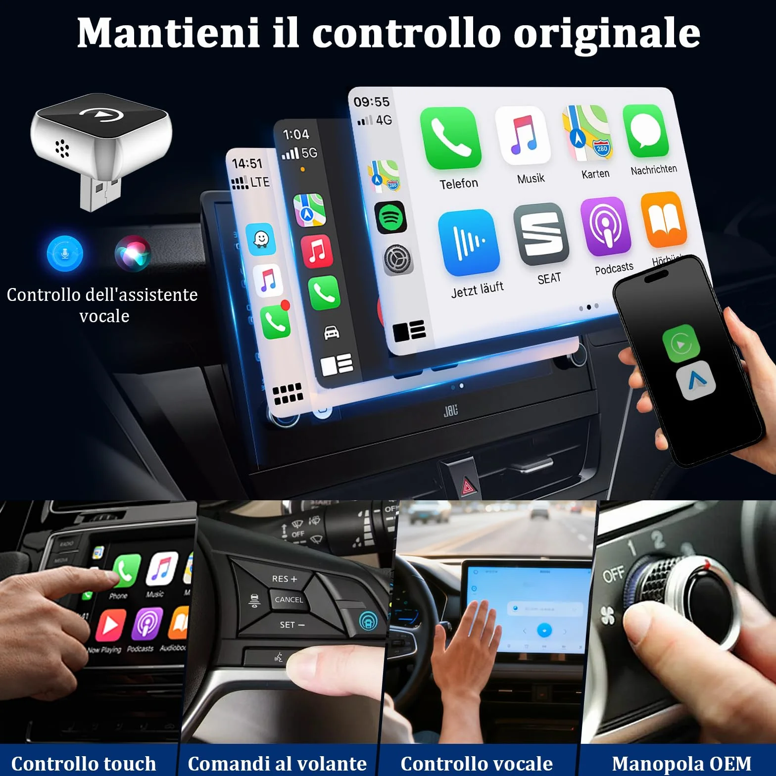 Adattatore Wireless Android Auto CarPlay 2-in-1 USB Type-C per Apple, Chiavetta Dongle Compatibile con iPhone iOS 10+ e Android 11+, Argento