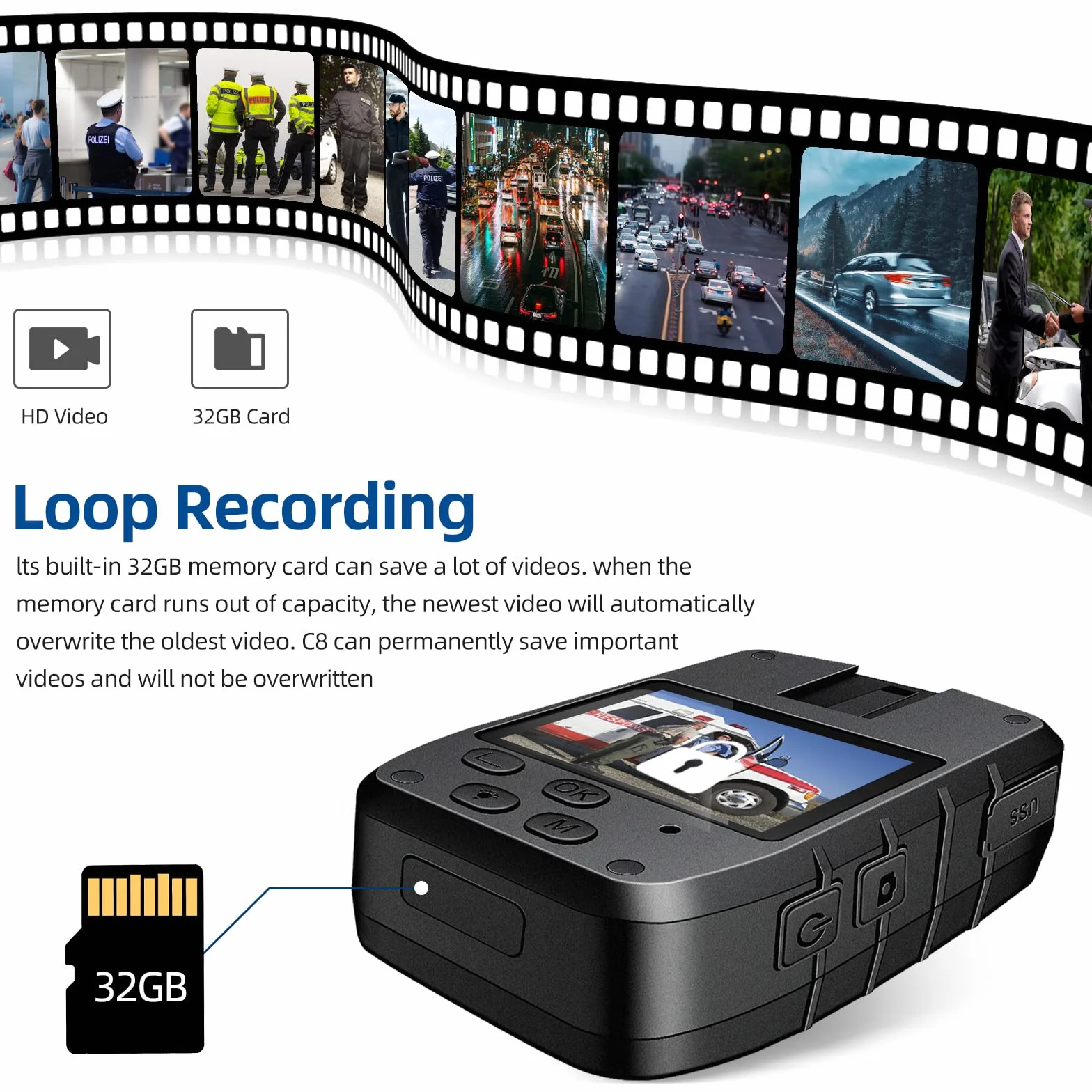 CAMMHD C8-32G 1296P Bodycam 4000mAh16H Body Cam con Registrazione Audio e Video Visione Notturna Bodycam della Polizia di Sicurezza Indossabile Ferrovia Ingegneria Sicurezza Uso Personale