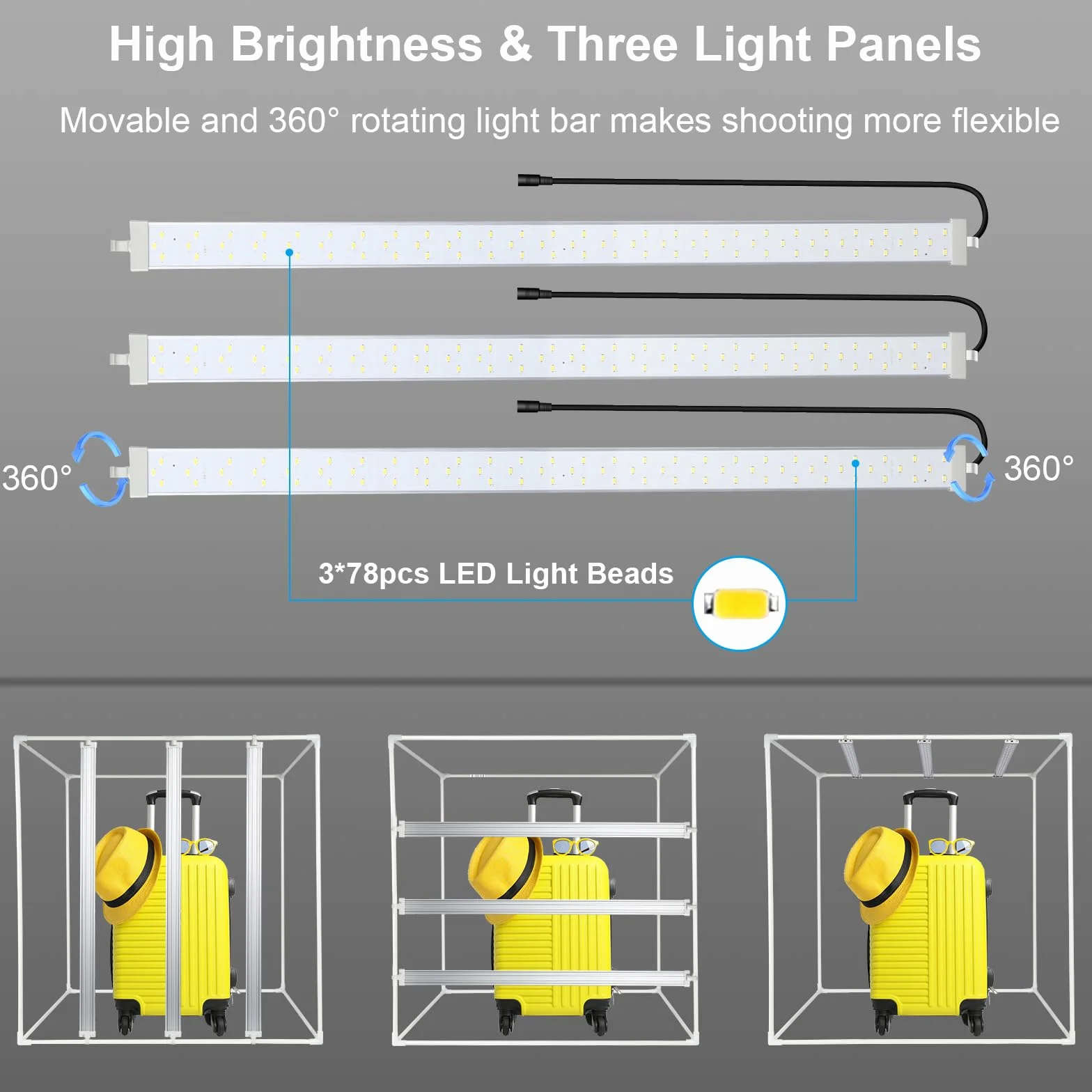PULUZ Scatola fotografica 80 x 80 cm, 32 pollici, professionale dimmerabile, con 3 strisce luminose mobili, 234 luci LED da 90 W e 4 backdrops in PVC, per grandi fotografie di prodotti