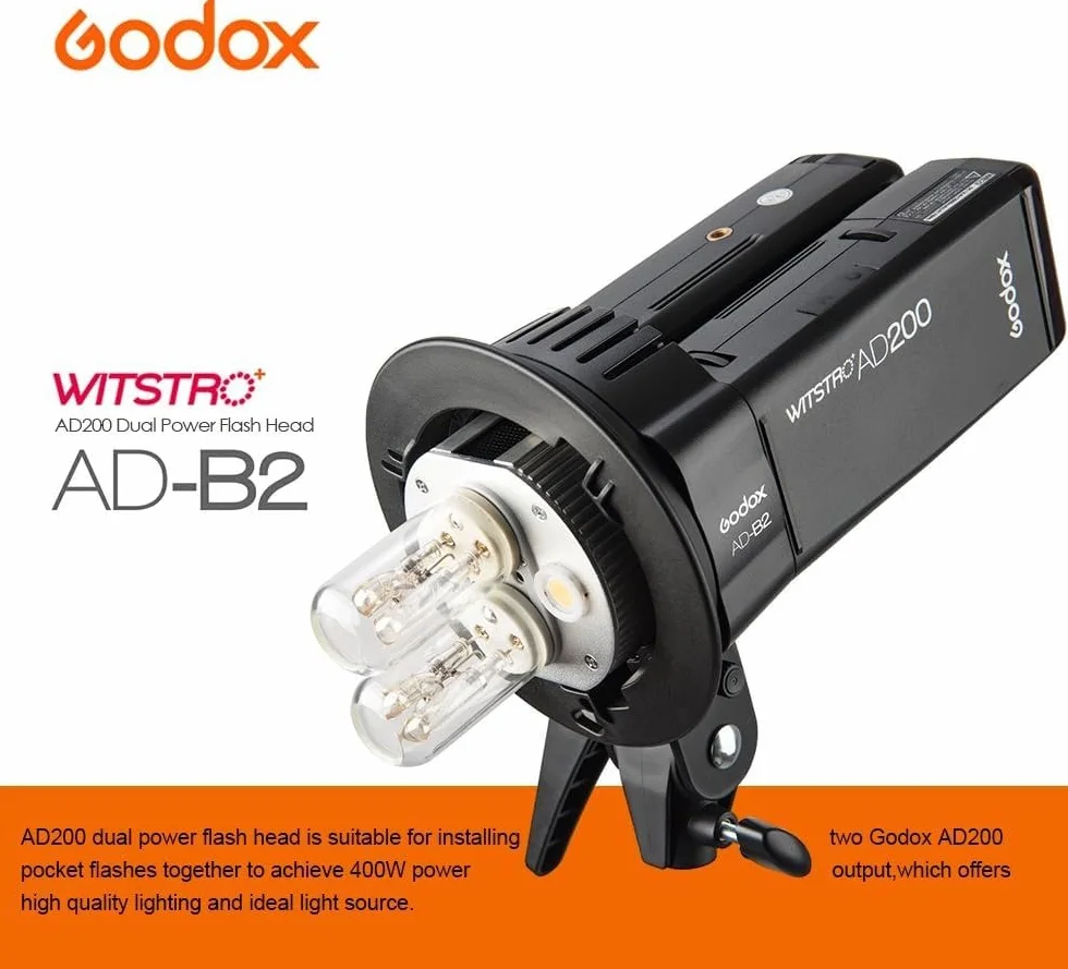Godox AD-B2 AD200 Testa flash a doppia alimentazione Bowens Mount Staffa a testa doppia a doppio tubo per AD200 Flash Speedlite portatile