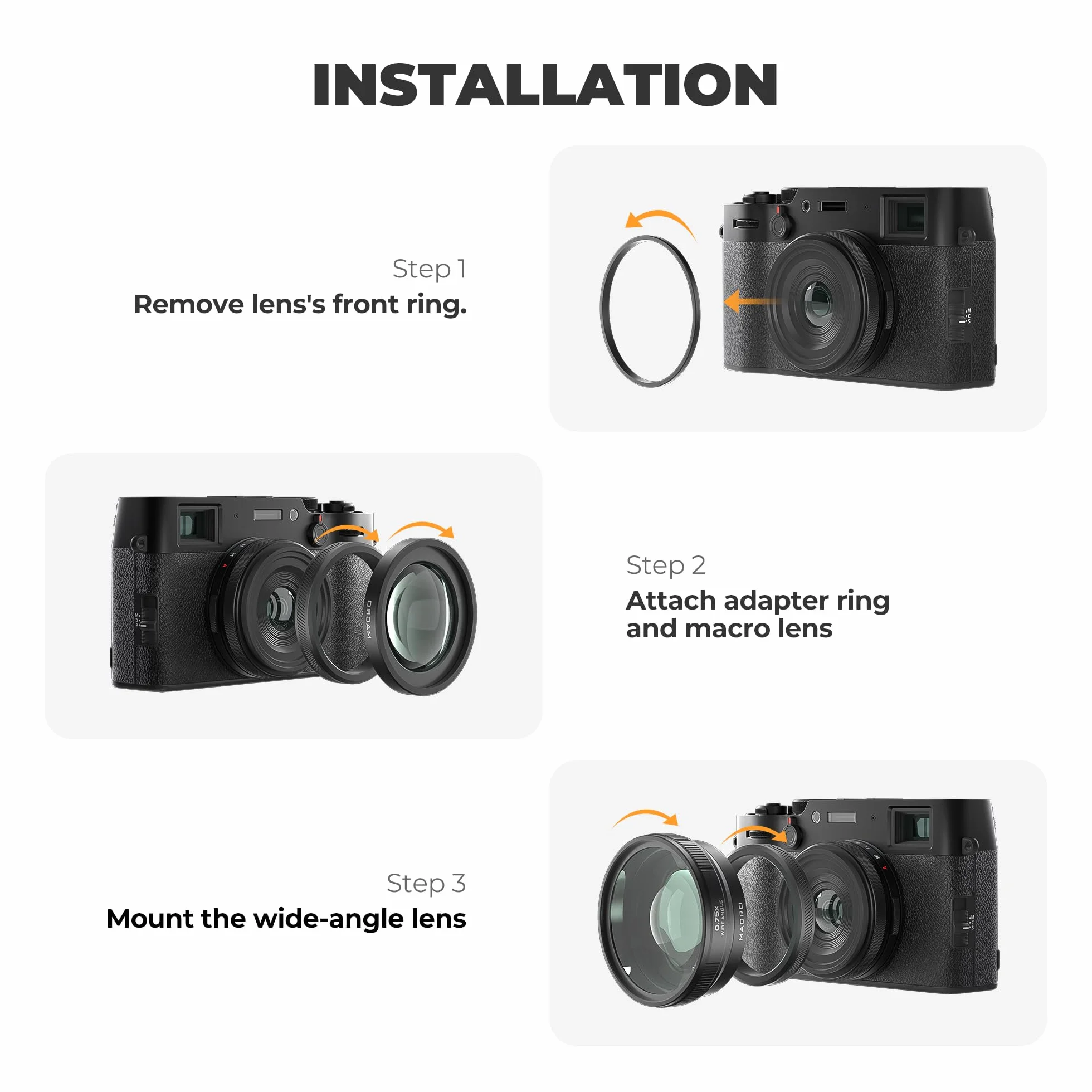 Freewell obiettivo grandangolare e macro 2 in 1 compatibile con Fuji X100VI/X100V - Design versatile, ingrandimento migliorato-Nero