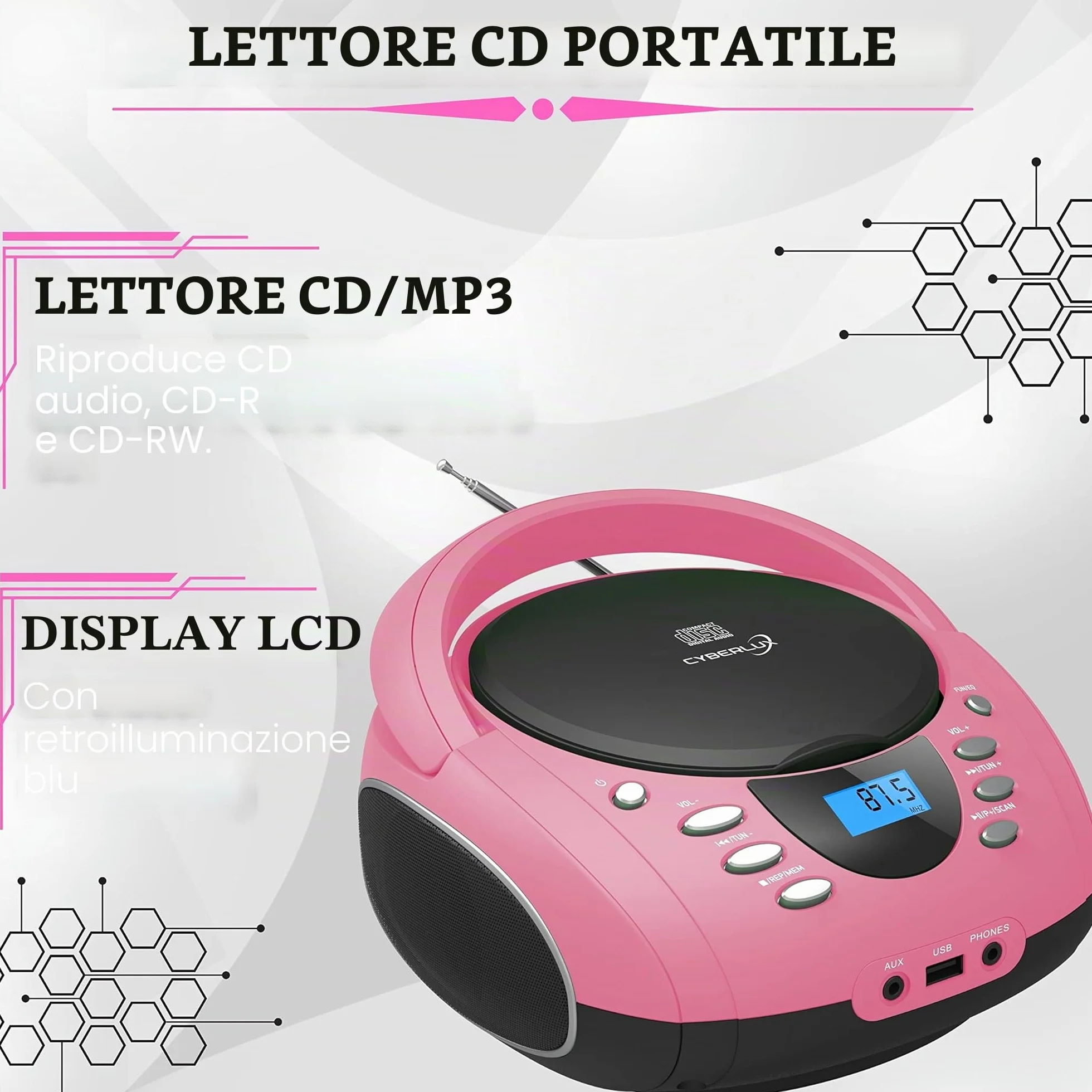 Boombox portatile lettore CD CD-R USB radio FM AUX jack cuffie impianto stereo compatto rosa Pretty Pink