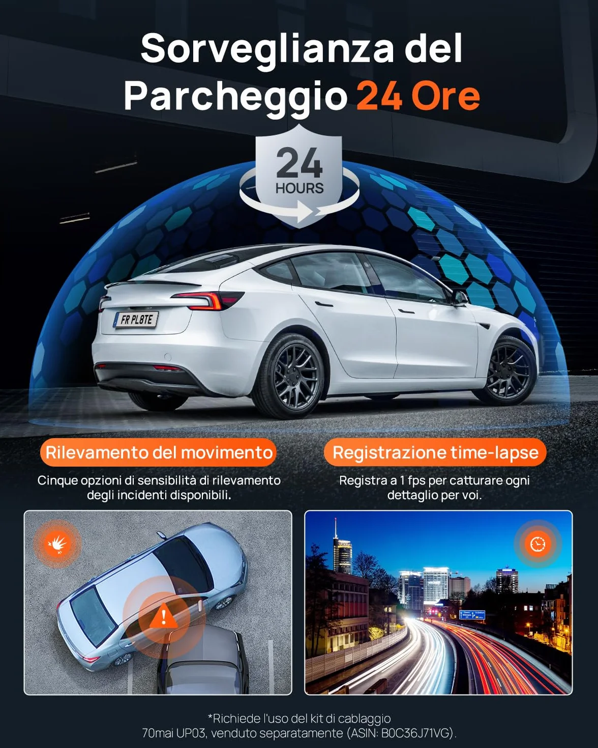 70mai A800SE Dashcam 4K+1080P GPS WiFi Doppia Telecamera Fronte/Retro con SD 128GB F1.55 HDR Visione Notturna ADAS Schermo 3" Parcheggio 24/7