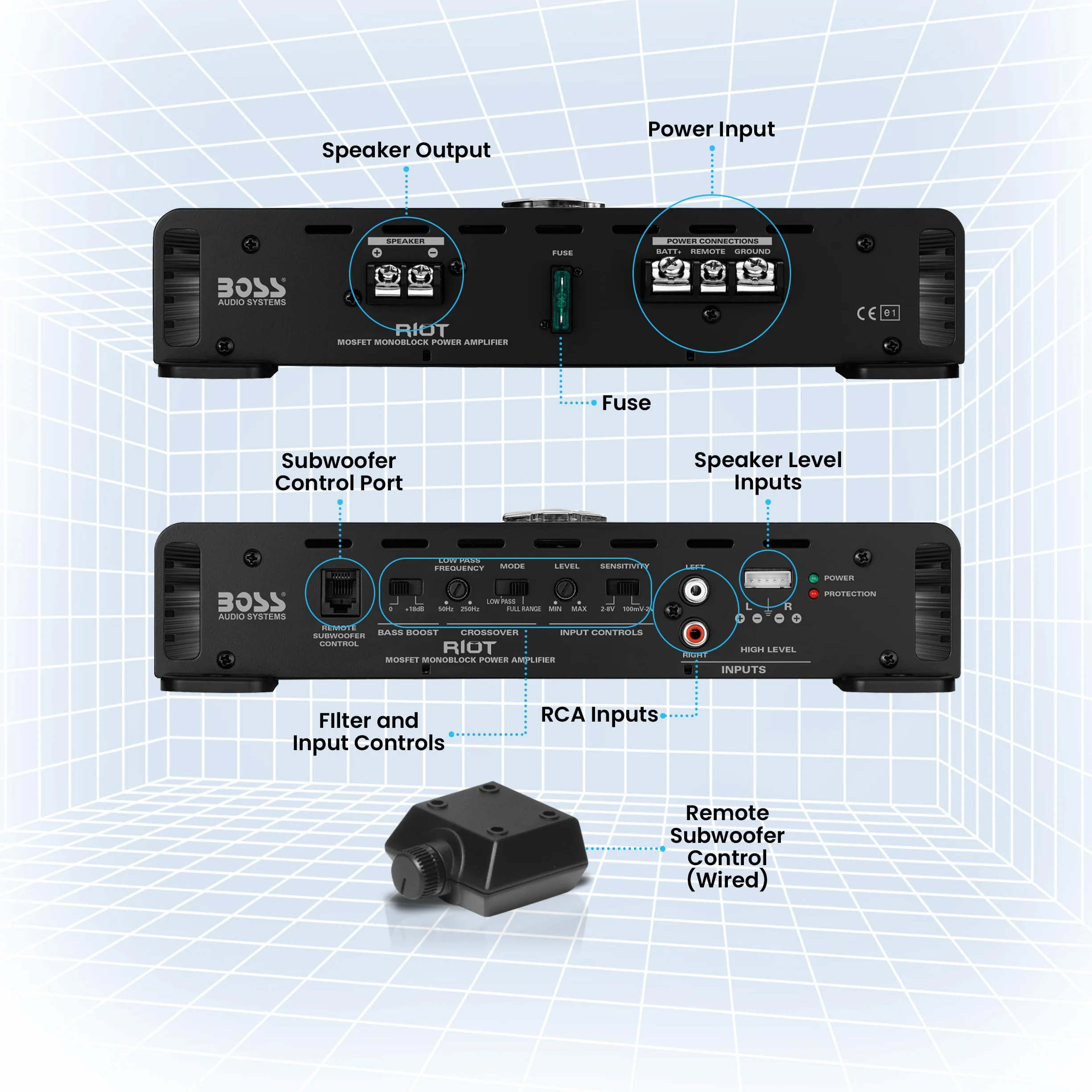 BOSS Audio Systems R1100M-S Riot Series Car Audio Subwoofer Amplificatore - 1100 High Output, Monoblocco, Classe A/B, 2/4 Ohm stabile, Ingressi basso/Alto livello, Crossover passa-basso, Mosfet,