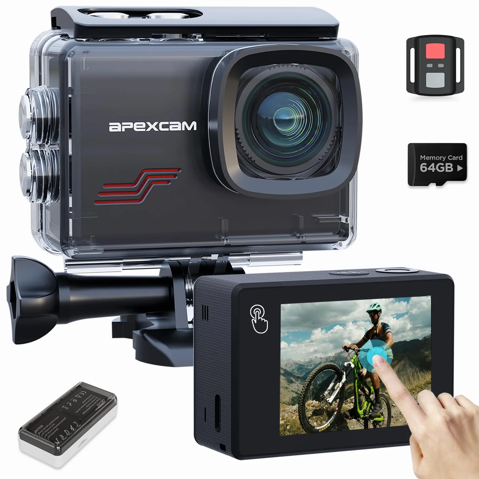 Apexcam Nuova M80PRO Action Cam 4K 64MP EIS Touch Screen Con 64GB Scheda Fotocamera Sportiva Impermeabile Fotocamera Subacquea 40M 8X Zoom e 2 * 1350 Batterie Kit Accessori