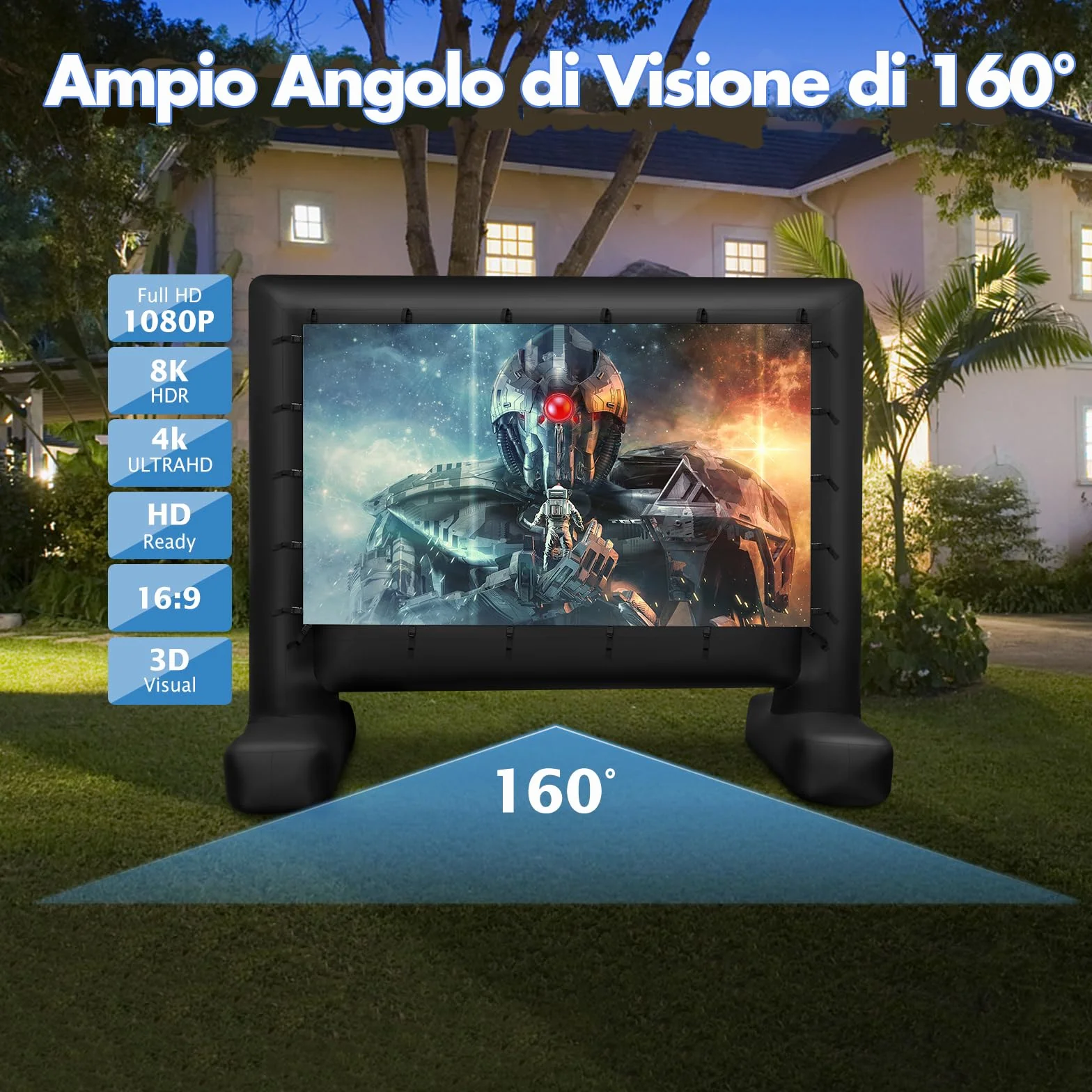 GYMAX 5 M Schermo Proiettore Gonfiabile, Telo Proiettore per Film con Soffiatore d'Aria, Borsa, Picchetti, per Giardino, Terrazzo, Esterno