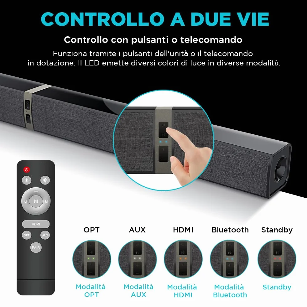 Bluetooth Soundbar per TV, 32 Inch Staccabile 2 in 1 Sound Bar per Televisore con Audio Potente, Altoparlanti per TV per Home Theater Audio, 2.0 canali con OPT/ARC/AUX, 1pcs