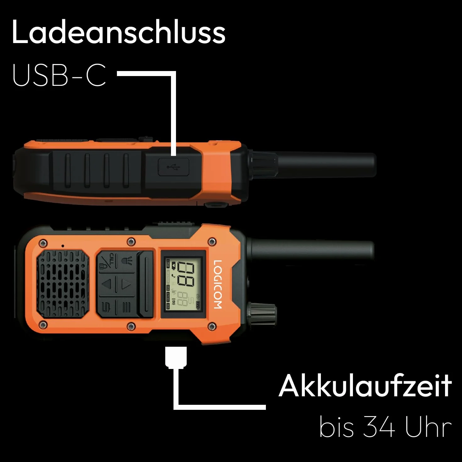 Logicom Extreme - Walkie-Talkie - PMR446 - Portata 10 km - Autonomia 36h - IP67-16 canali - Schermo LCD - USB-C Torcia - VOX Vivavoce - Audio Jack - Batteria 2000 mAh - Confezione da 2 radio
