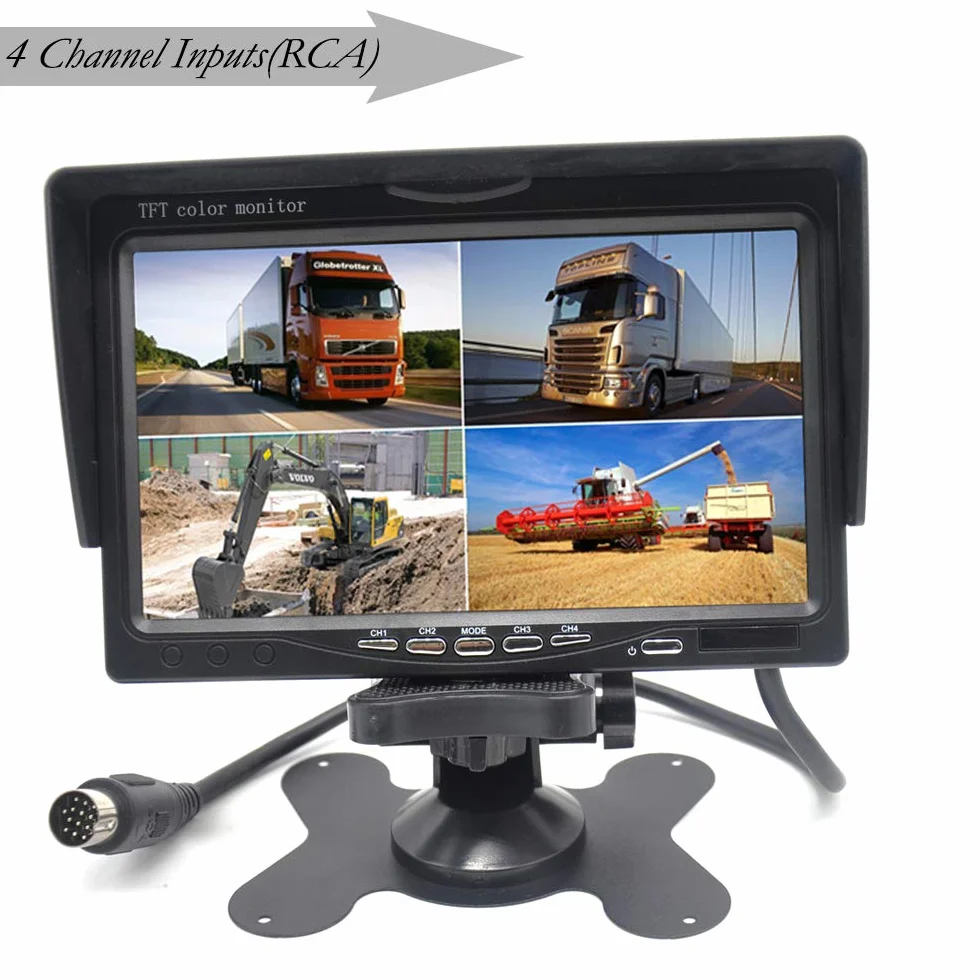 Padarsey Monitor TFT LCD da 7 pollici per specchietto retrovisore auto Quad Split, telecomando, 4 canali ingressi video RCA (connettore antiurto a 4 pin), schermo 12 V-24 V 800 × 480 HD, con parasole