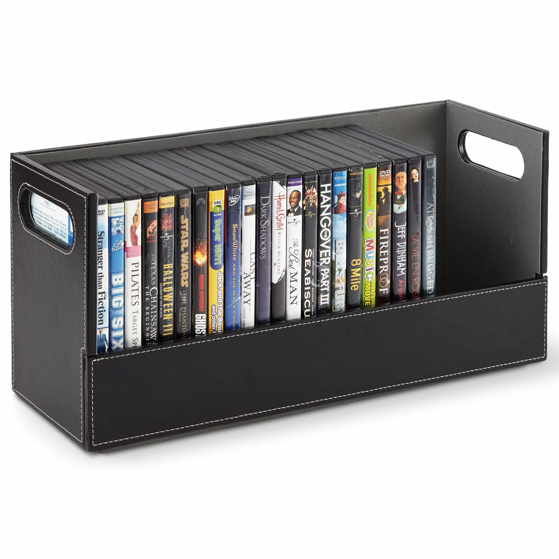 Stock Your Home Scatola portaoggetti per DVD, organizer per Blu-Ray, custodie per videogiochi, CD, supporto per nastri VHS, supporto per dischi può contenere fino a 28 DVD, in ecopelle (nero)