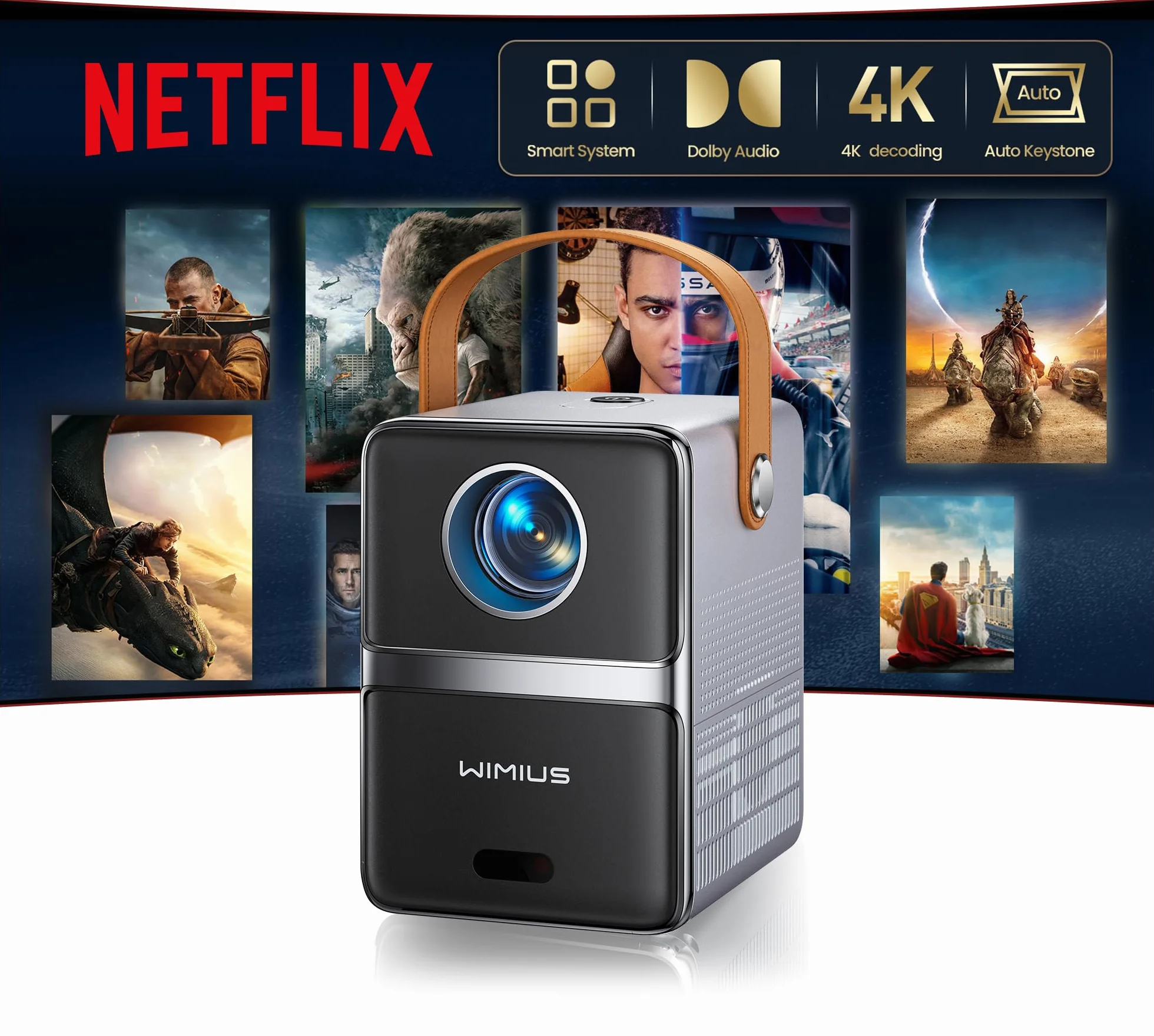 Proiettore Portatile 4K 800ANSI Smart con Netflix e Dolby, WiFi Bluetooth, 1080P Nativo Full HD, Auto Keystone, E-Focus, Zoom 100%-50%, HDMI ARC/CEC per Home Cinema